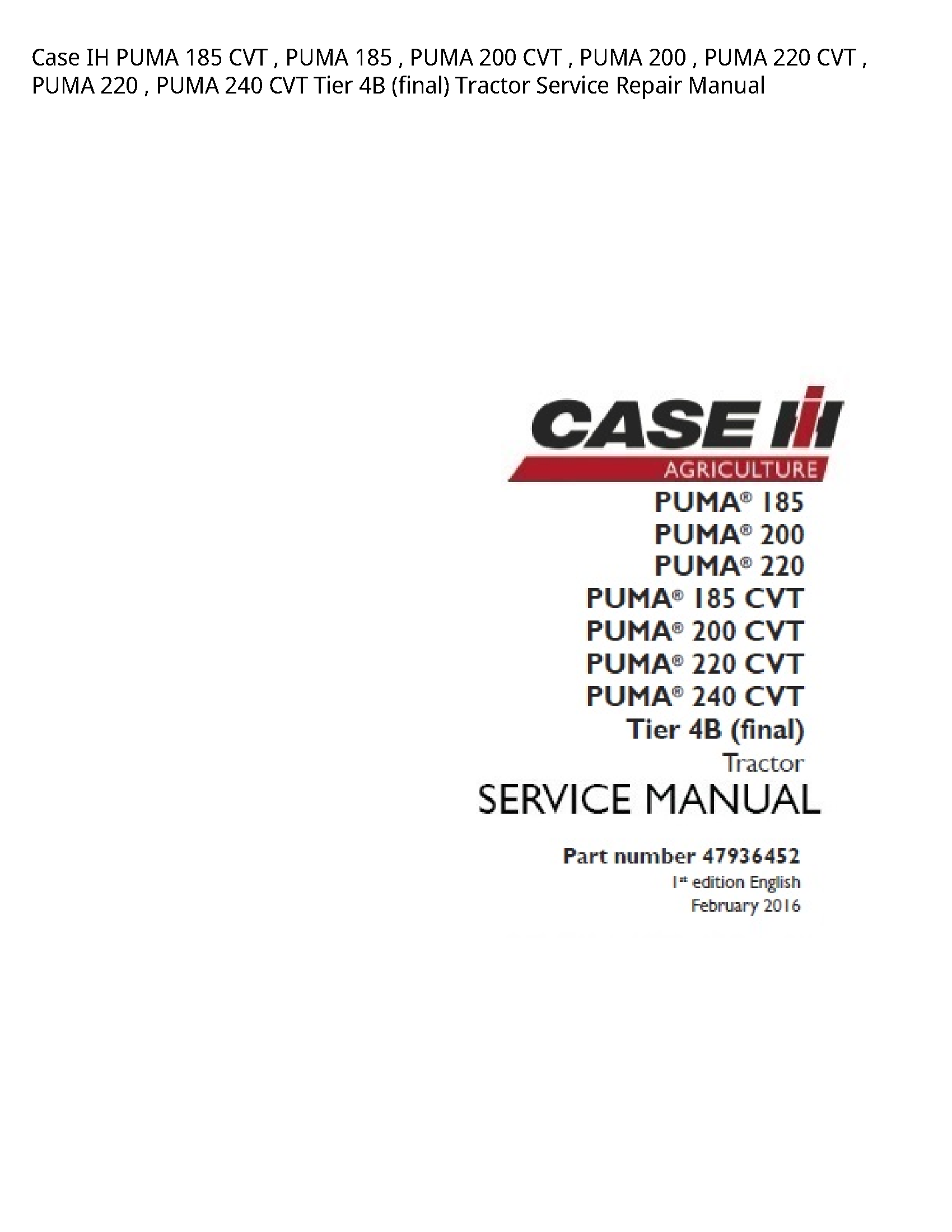 Case/Case IH 185 IH PUMA CVT PUMA PUMA CVT PUMA PUMA CVT PUMA PUMA CVT Tier (final) Tractor manual