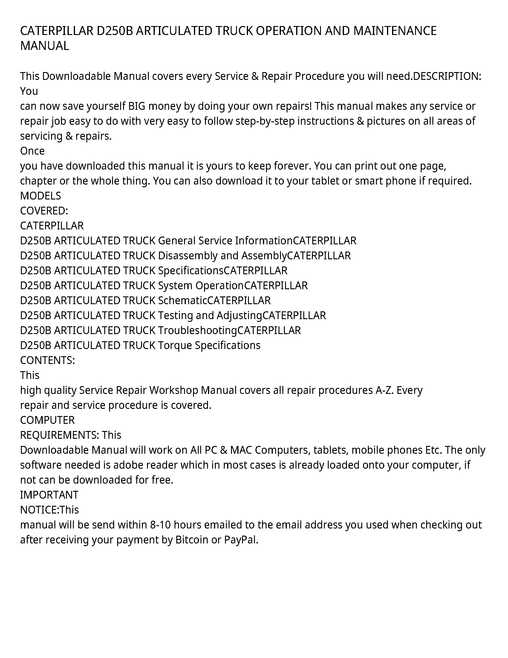 Caterpillar D250B service manual