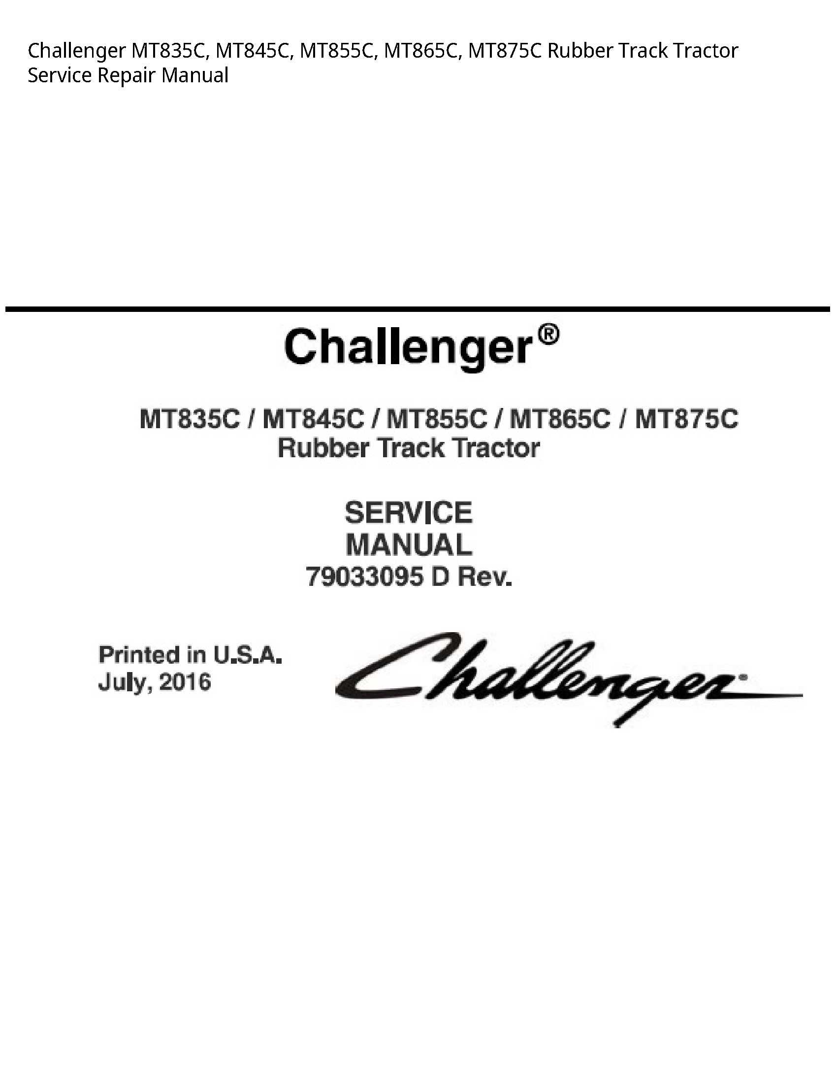 Challenger MT835C Rubber Track Tractor manual