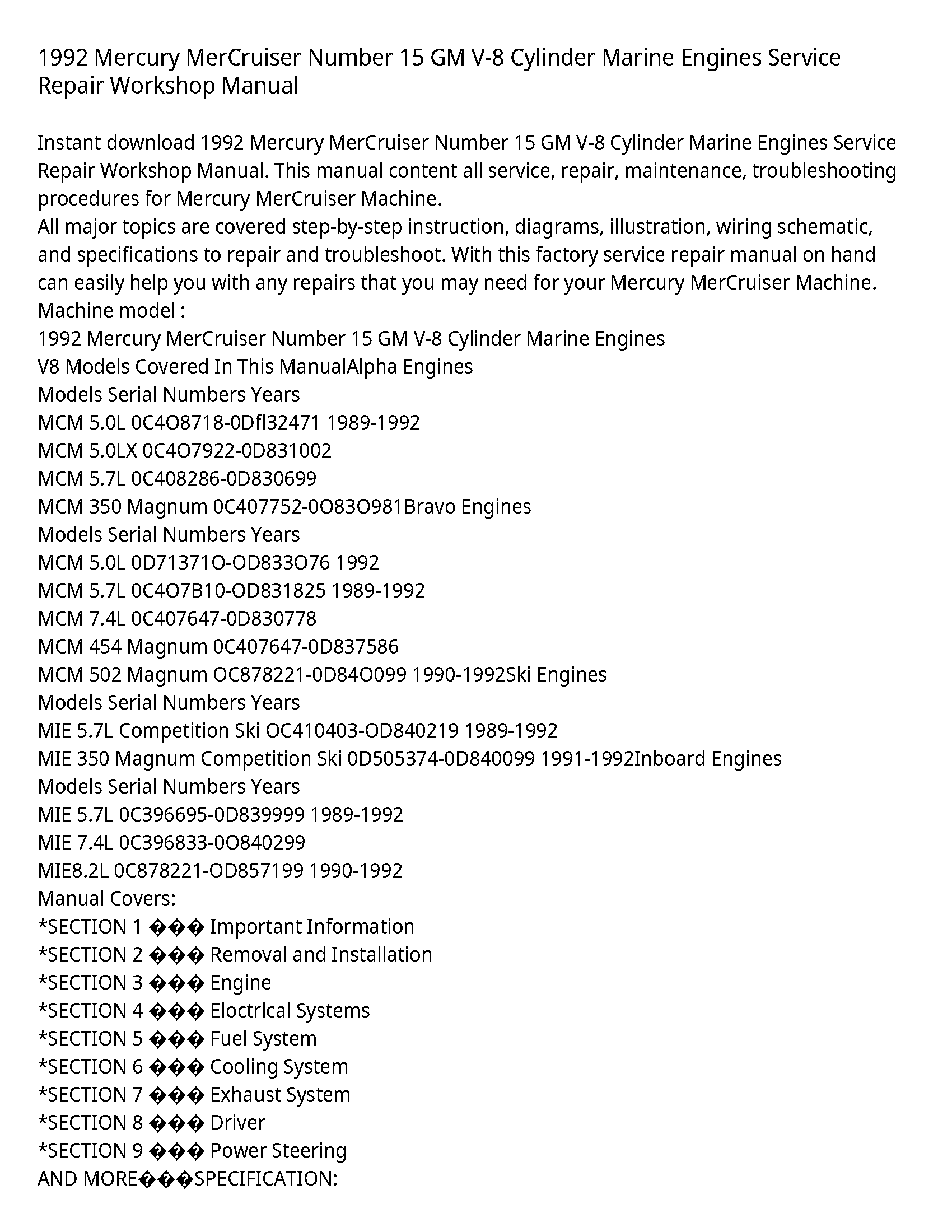 Mercury V-8 MerCruiser Number GM Cylinder Marine Engines manual