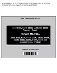 John Deere 6110  6210  6310  6410  6110L  6310S  6410S  6510S  6210L  6310L  6410L  6510L Tractors Repair Technical Manual - TM4574 preview