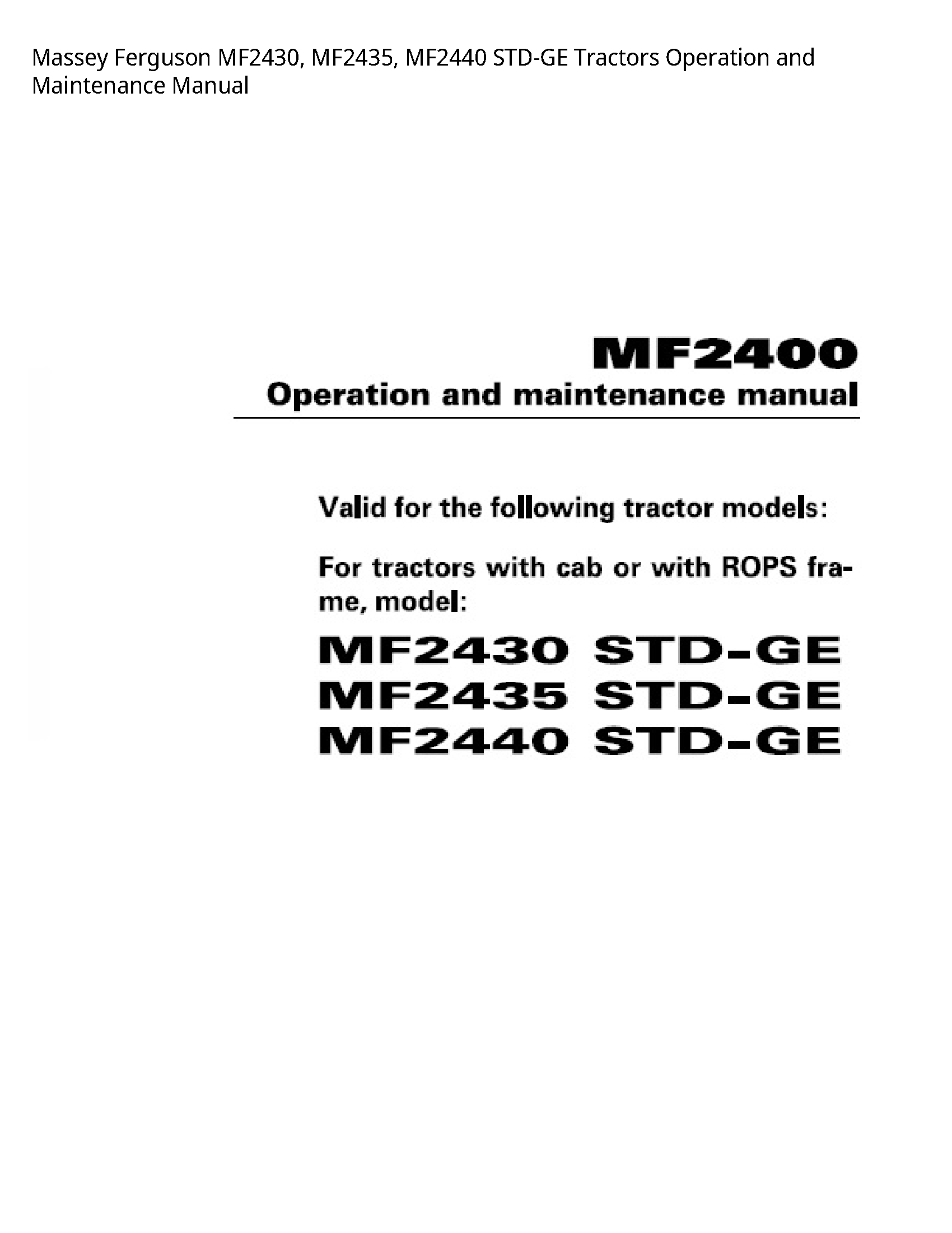 Massey Ferguson MF2430 STD-GE Tractors Operation  Maintenance manual