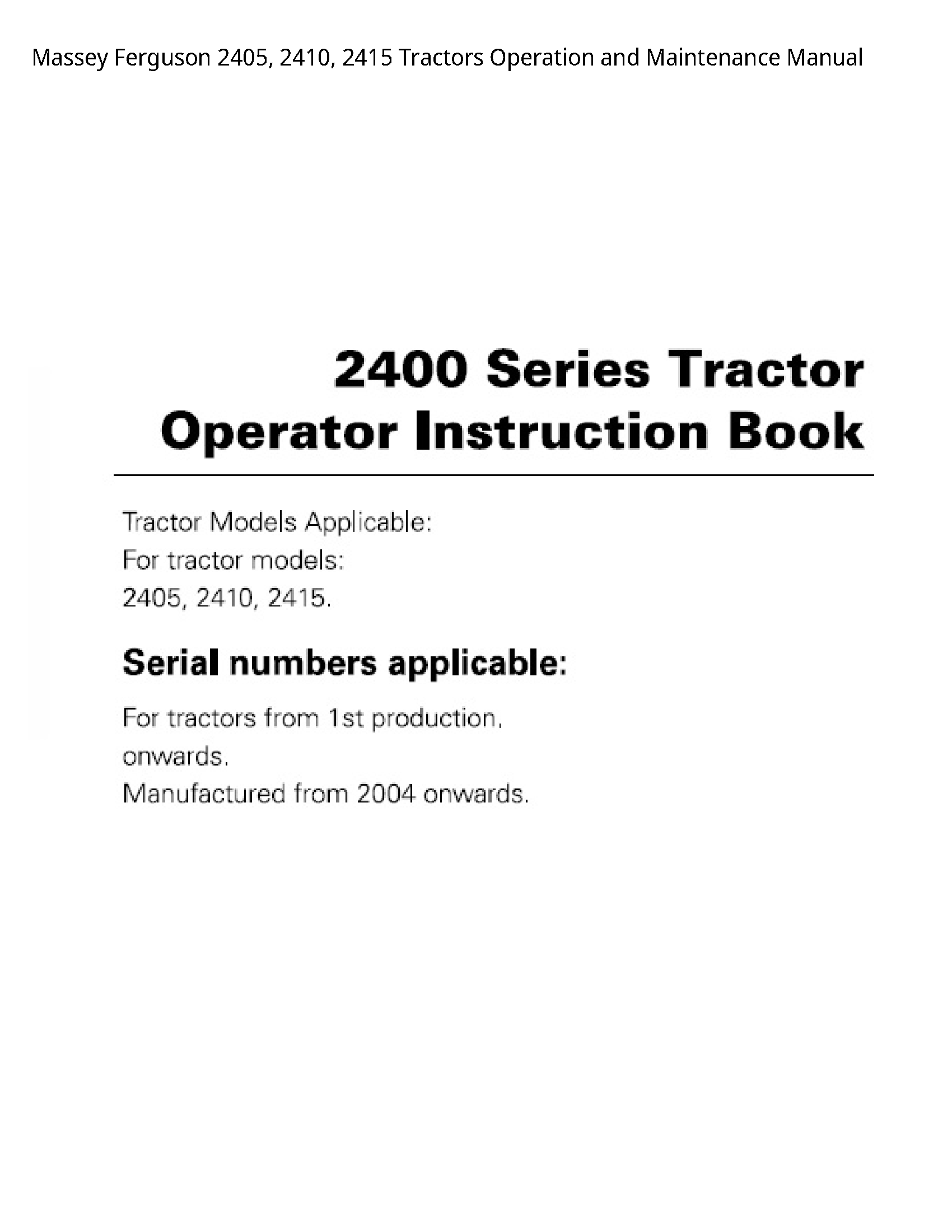 Massey Ferguson 2405 Tractors Operation  Maintenance manual