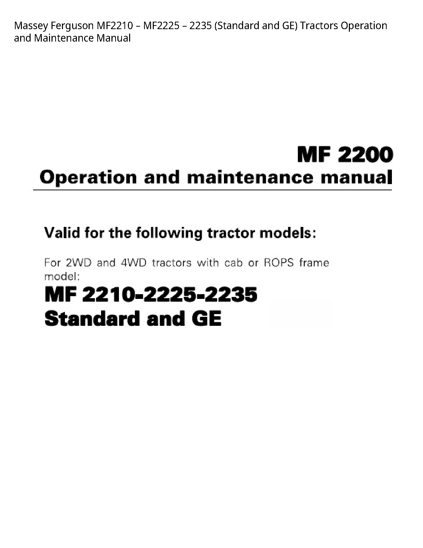 Massey Ferguson MF2210 (Standard  GE) Tractors Operation  Maintenance manual