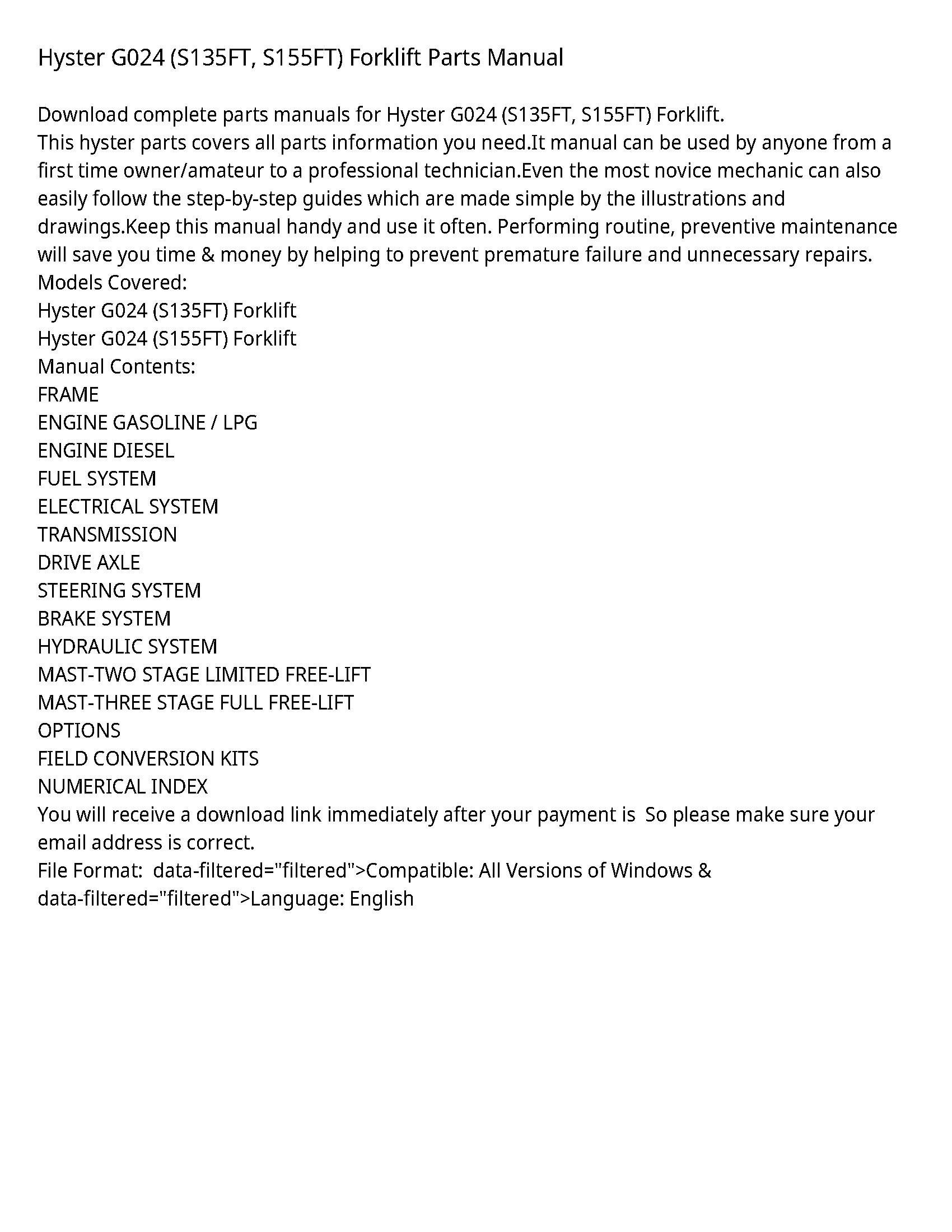 Hyster G024 Forklift Parts manual