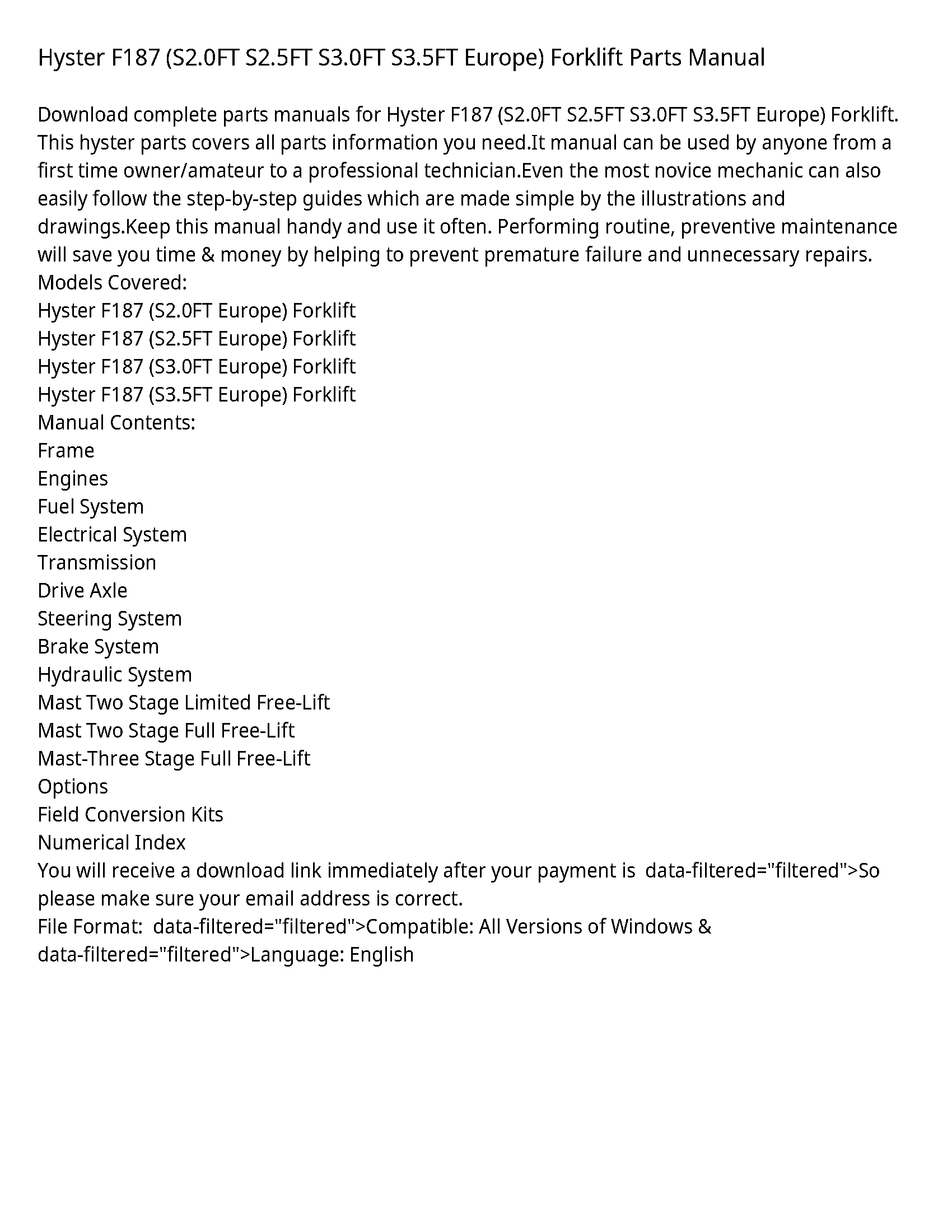 Hyster F187 Europe) Forklift Parts manual