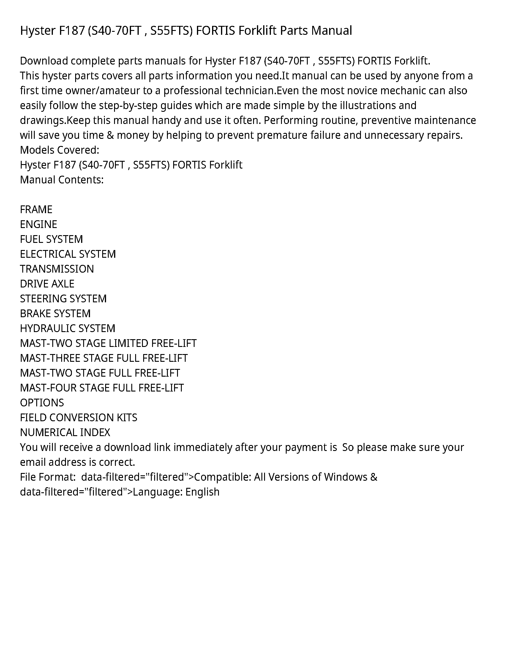 Hyster F187 FORTIS Forklift Parts manual