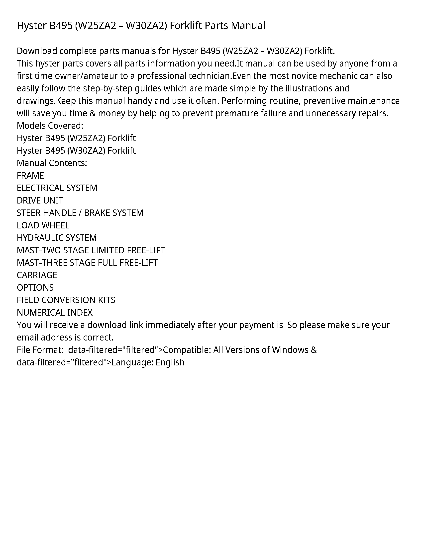 Hyster B495 Forklift Parts manual