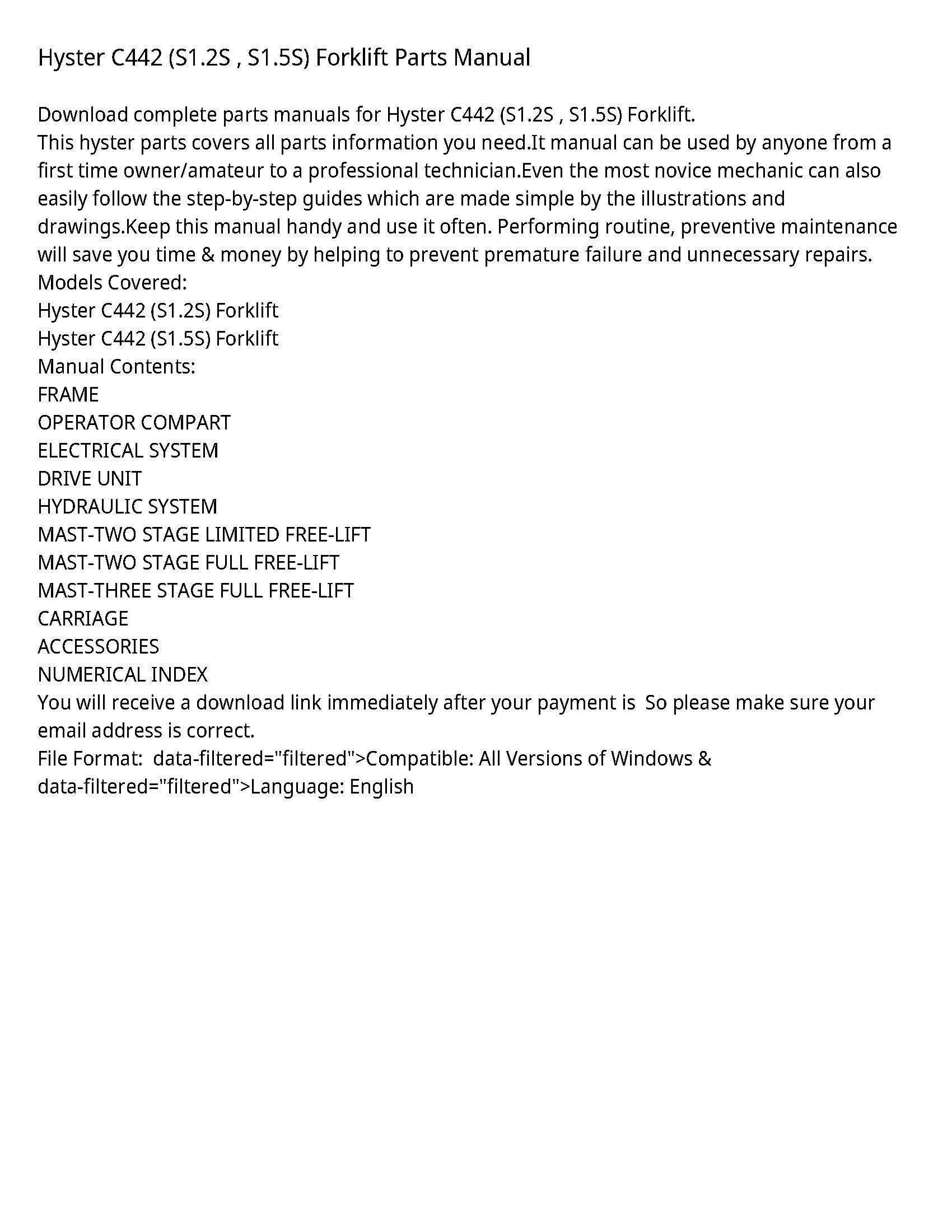 Hyster C442 Forklift Parts manual