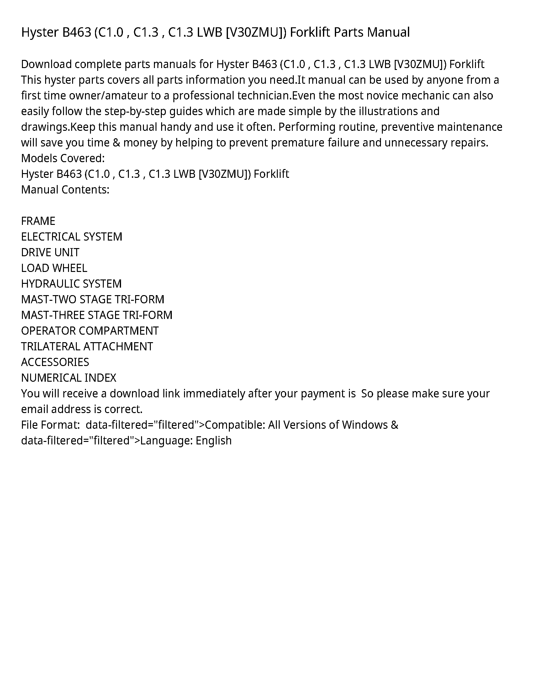 Hyster B463 LWB Forklift Parts manual