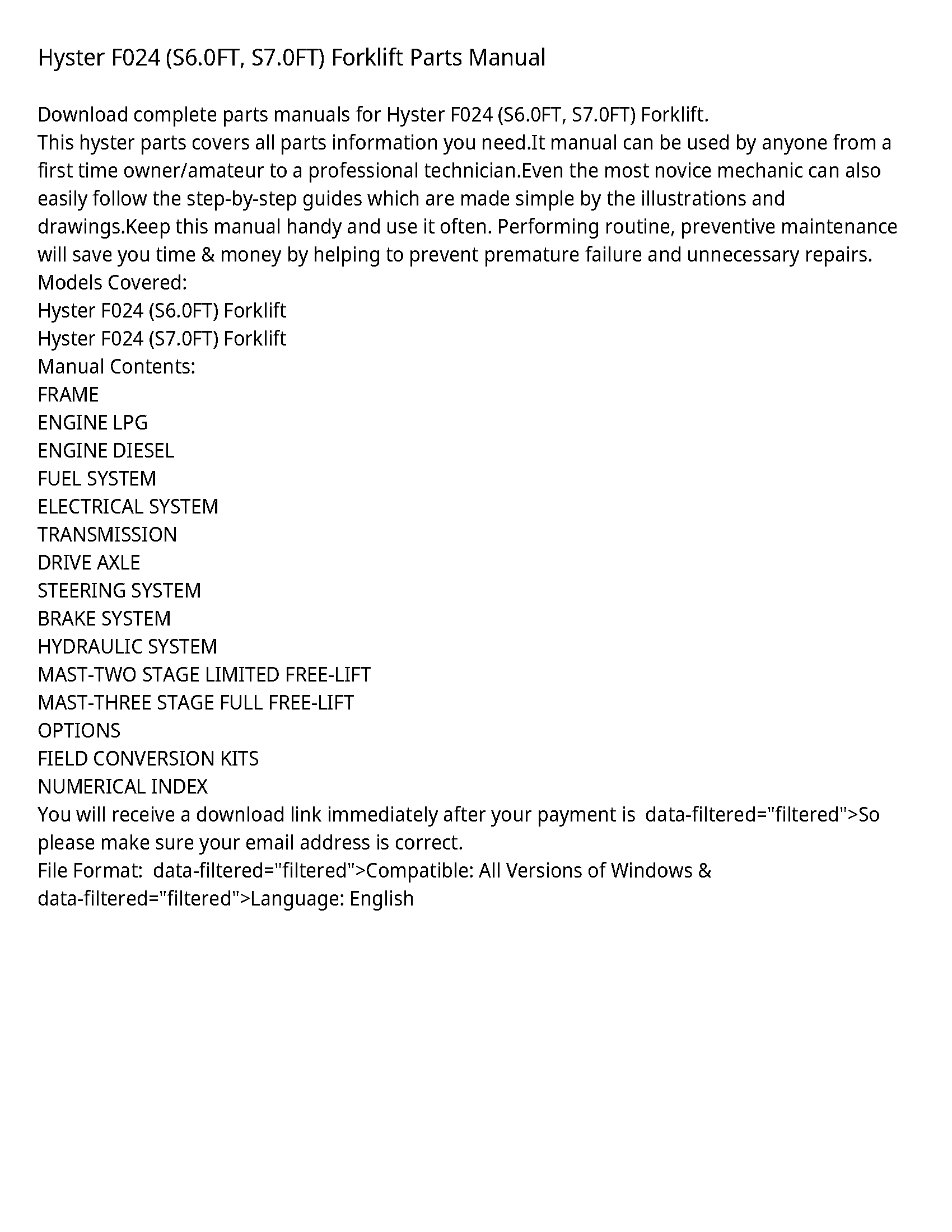 Hyster F024 Forklift Parts manual