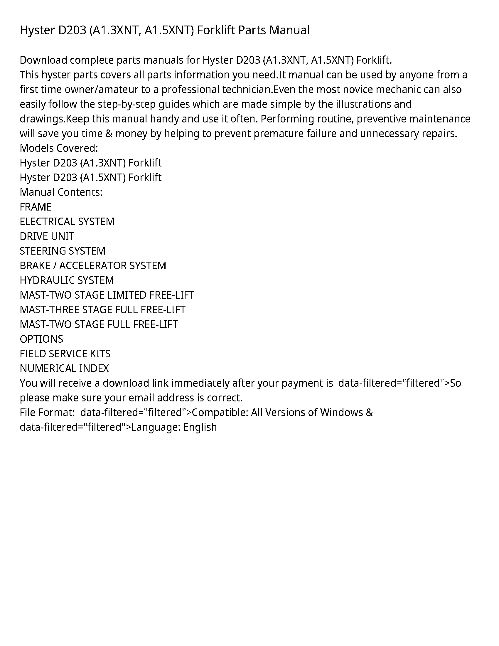 Hyster D203 Forklift Parts manual