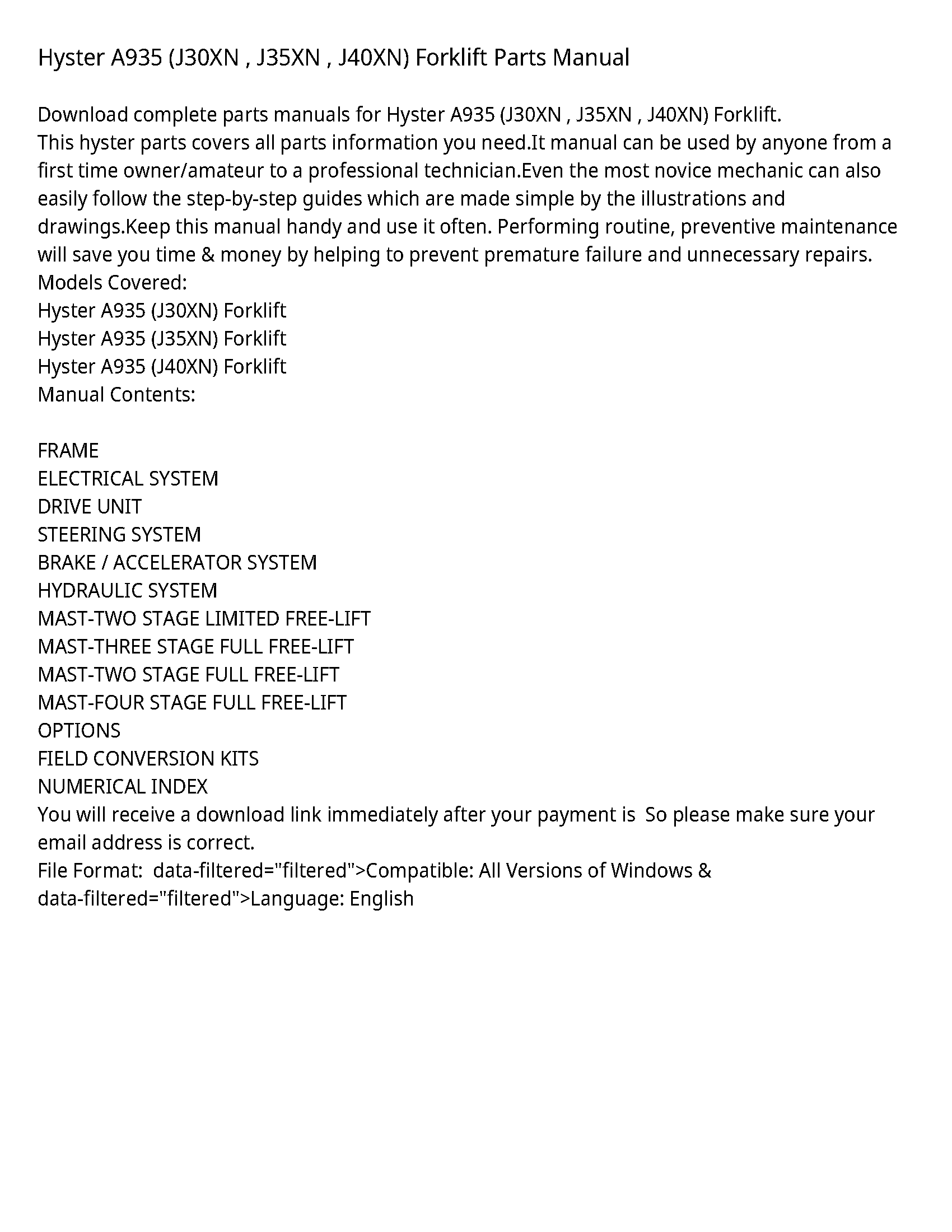 Hyster A935 Forklift Parts manual