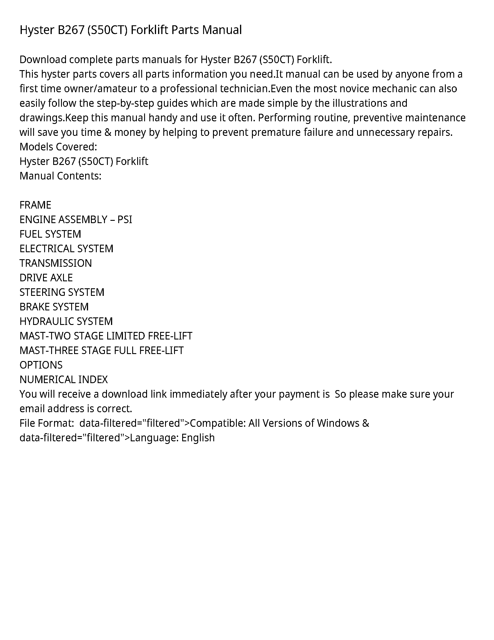 Hyster B267 Forklift Parts manual