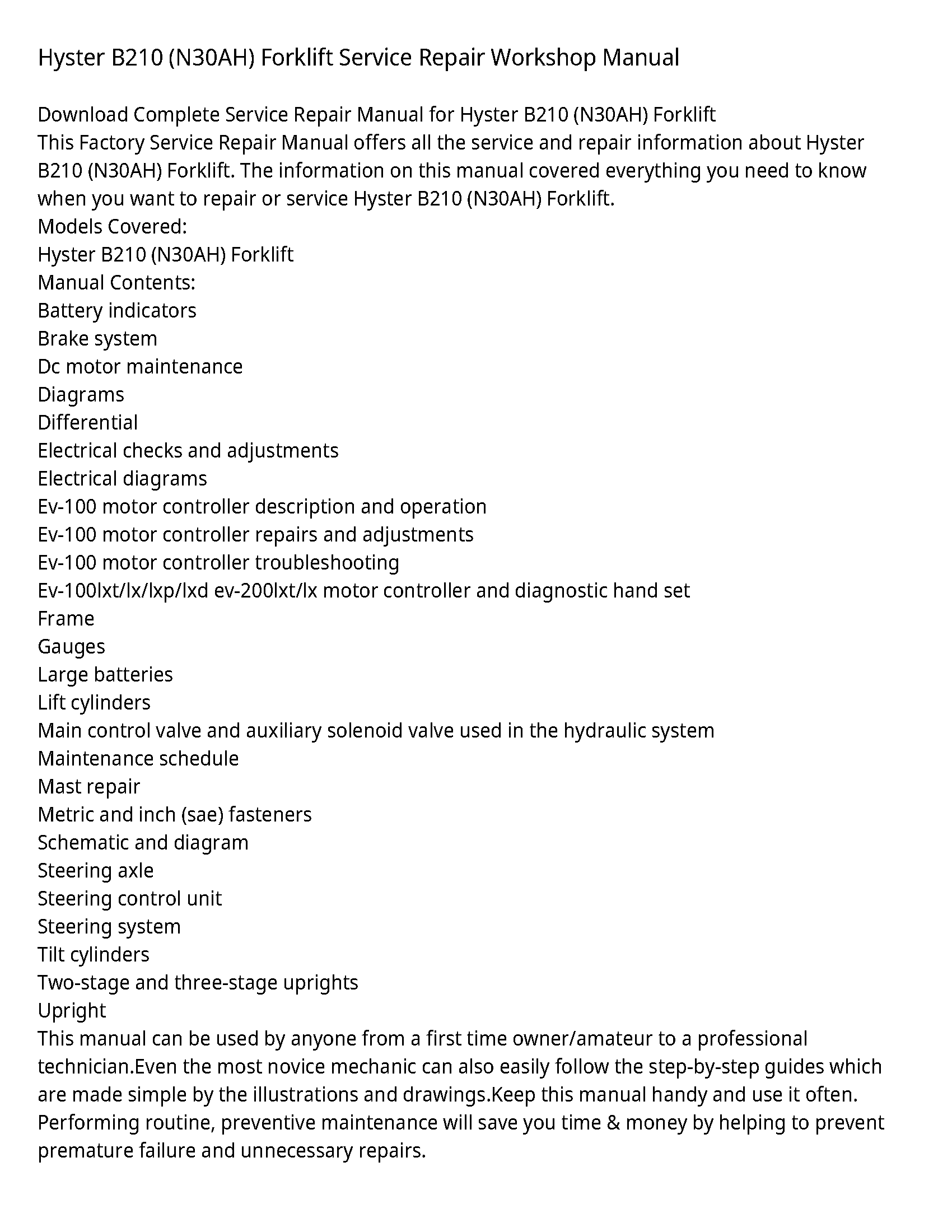 Hyster B210 Forklift manual