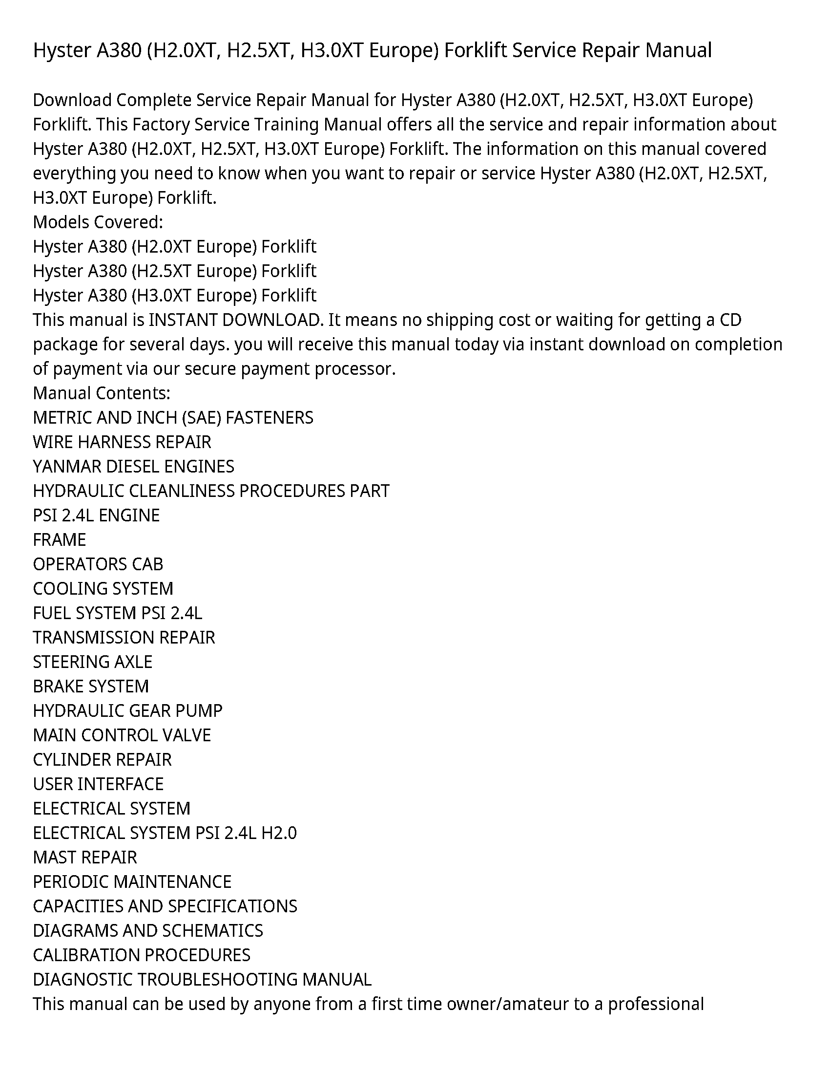 Hyster A380 Europe) Forklift manual