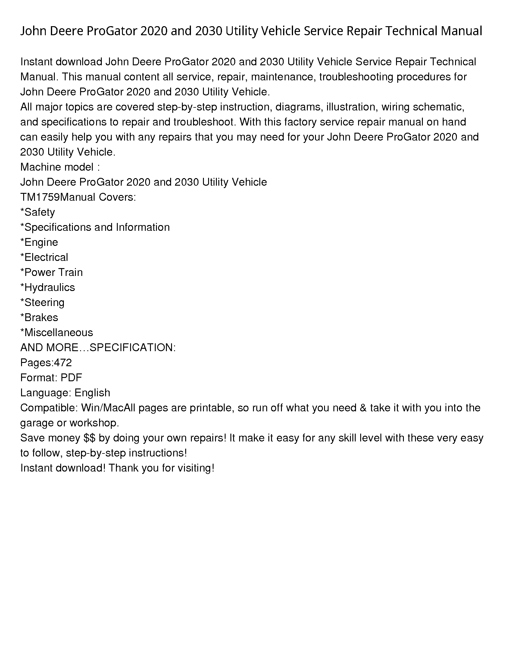 John Deere 2020 ProGator  Utility Vehicle manual