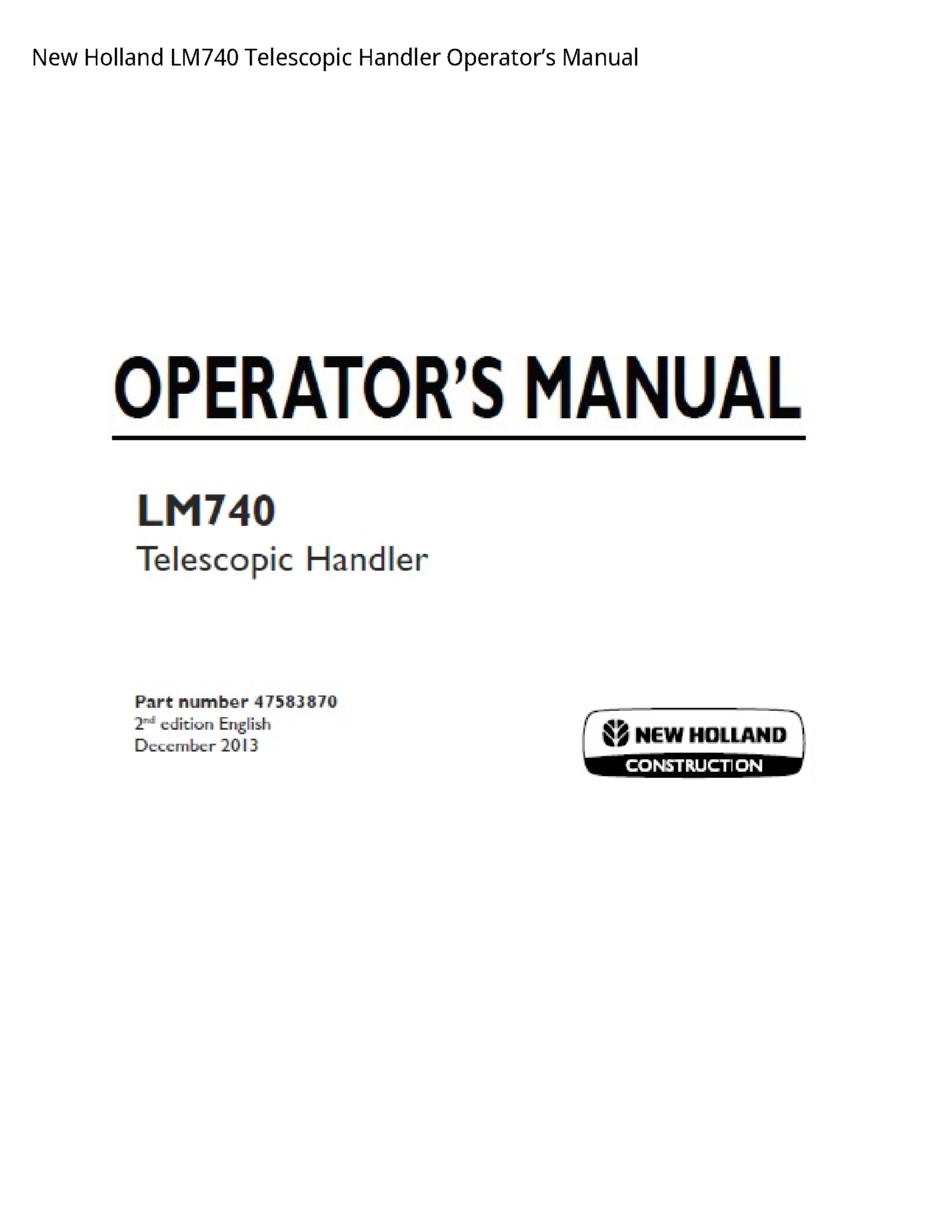 New Holland LM740 Telescopic Handler Operator’s manual
