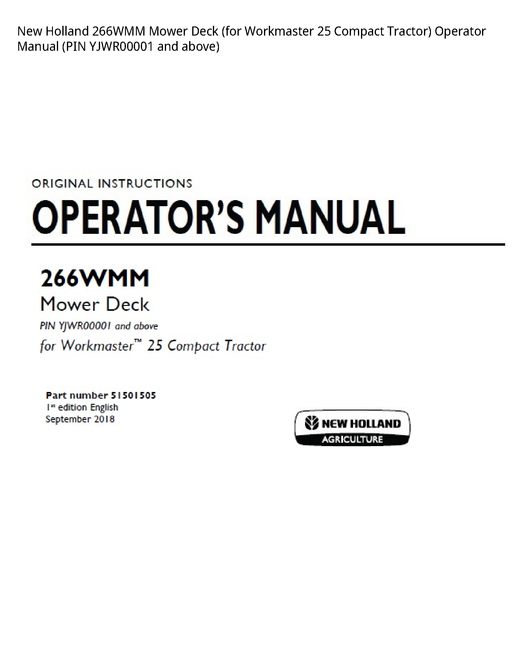 New Holland 266WMM Mower Deck (for Workmaster Compact Tractor) Operator manual