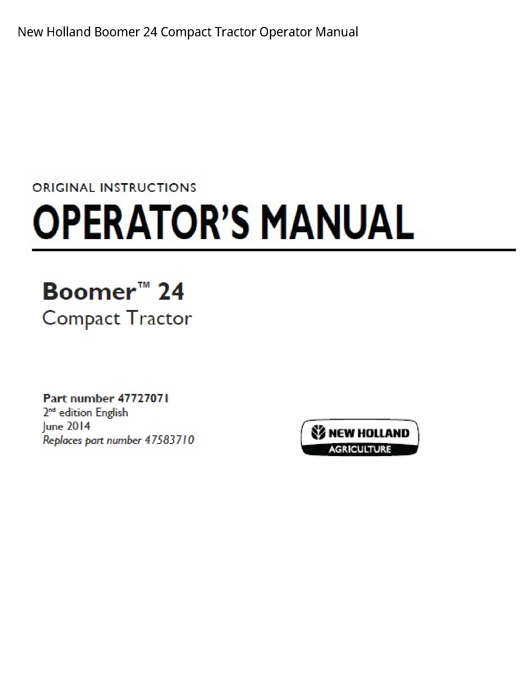 New Holland 24 Boomer Compact Tractor Operator manual