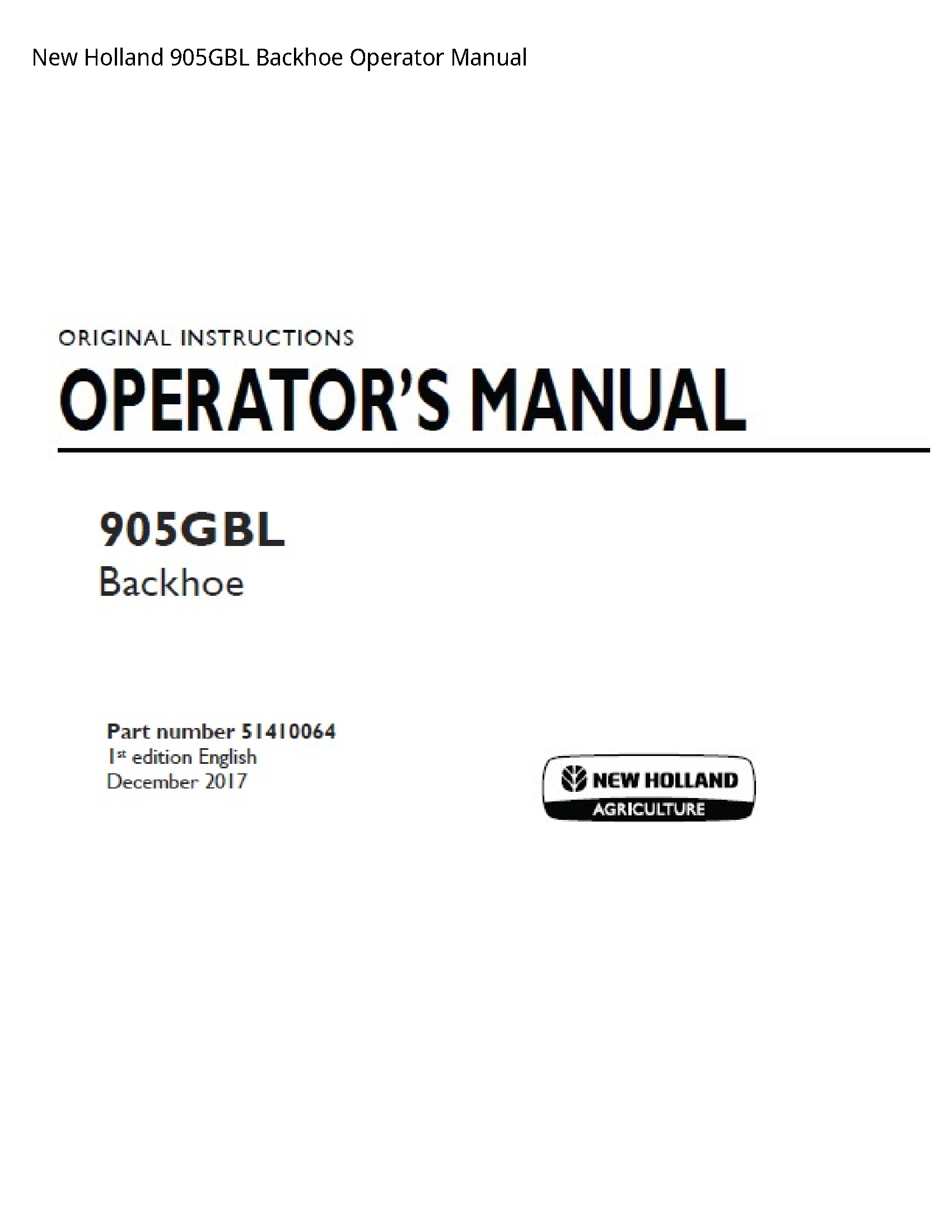 New Holland 905GBL Backhoe Operator manual