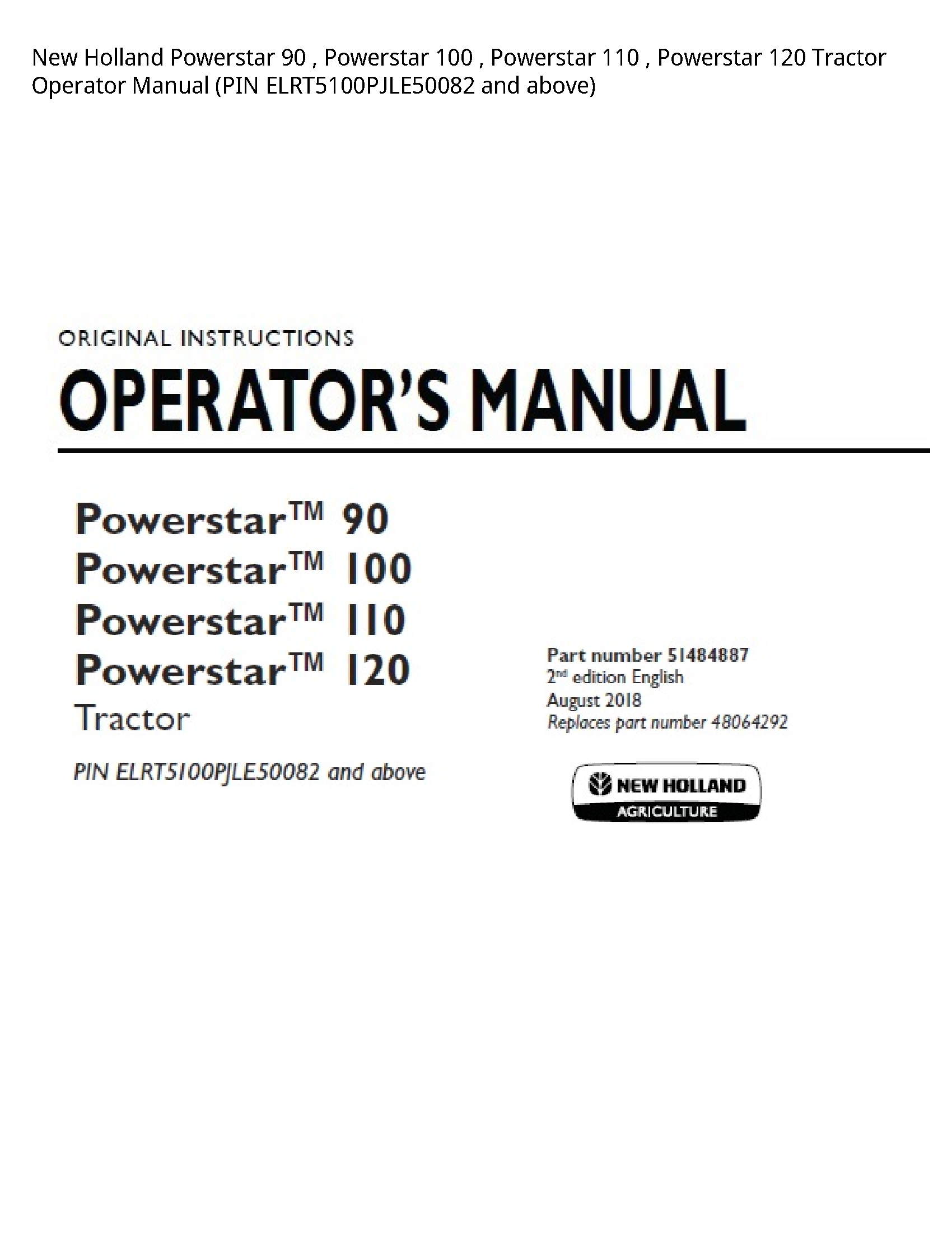 New Holland 90 Powerstar Powerstar Powerstar Powerstar Tractor Operator manual