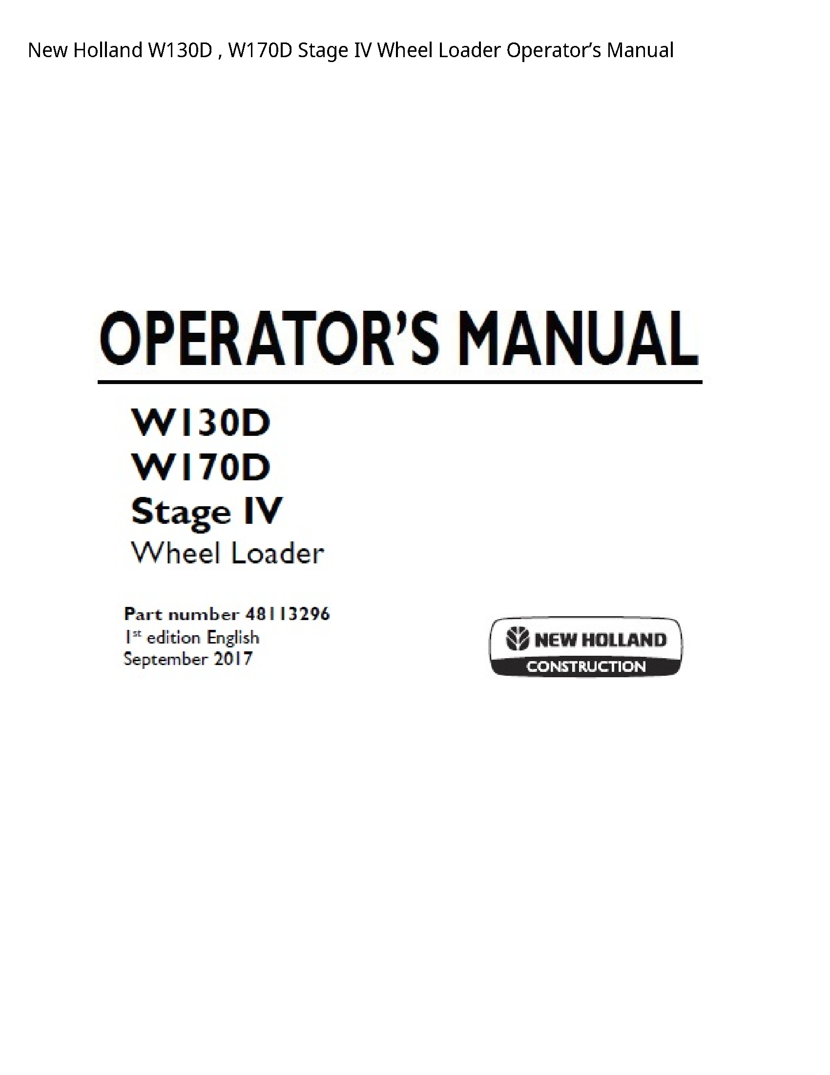 New Holland W130D Stage IV Wheel Loader Operator’s manual