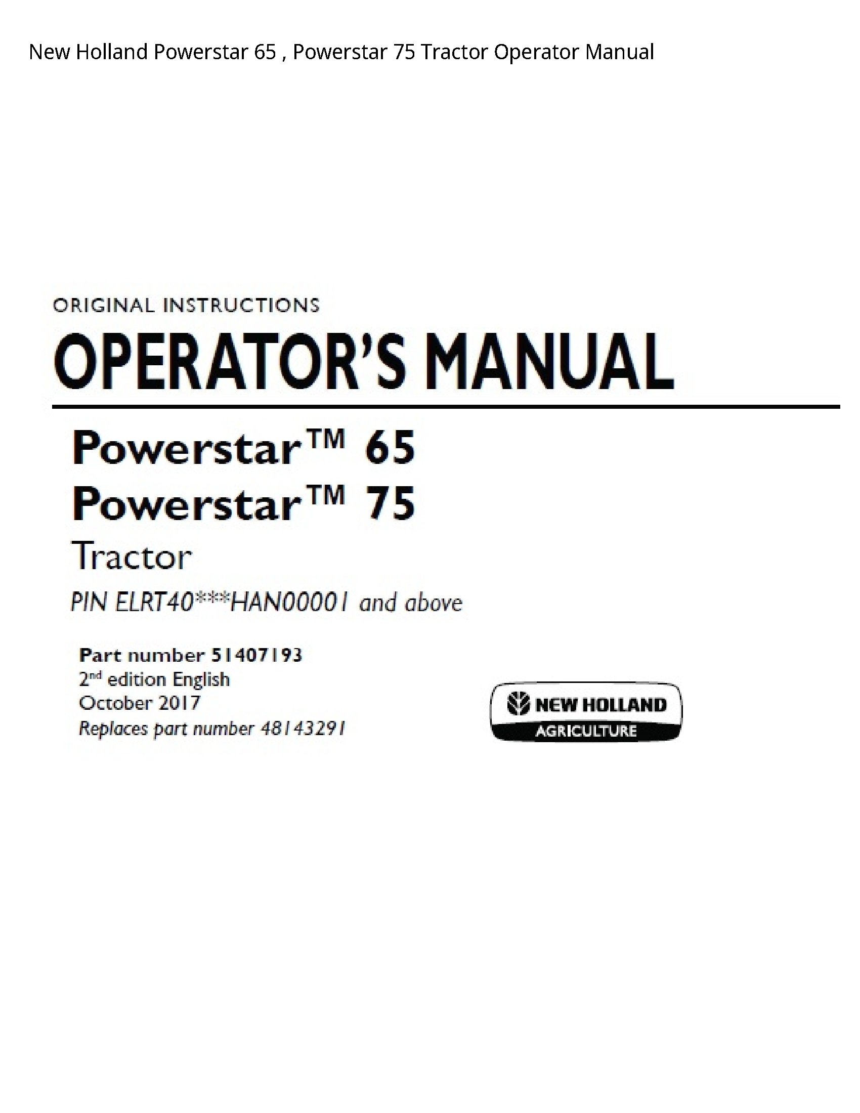 New Holland 65 Powerstar Powerstar Tractor Operator manual