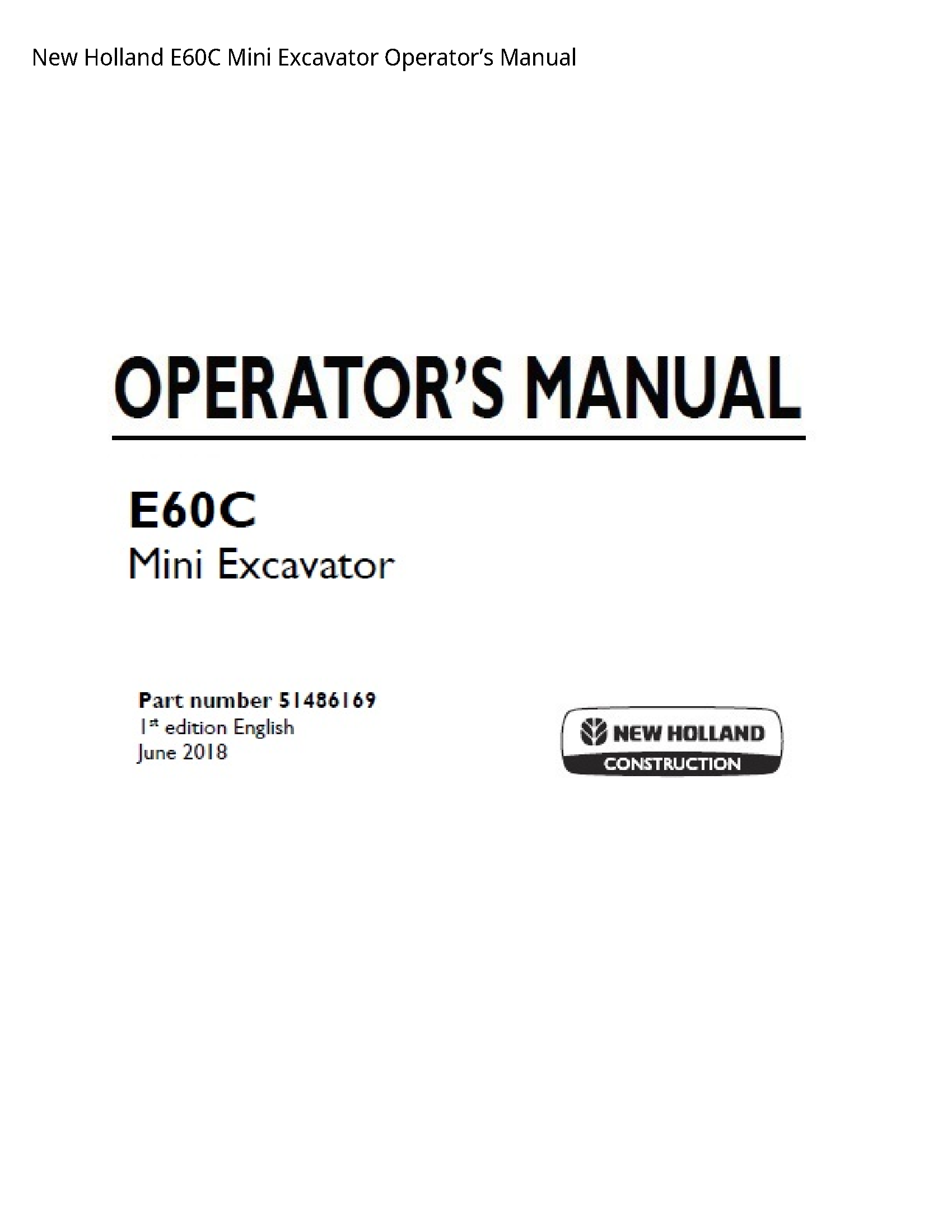 New Holland E60C Mini Excavator Operator’s manual