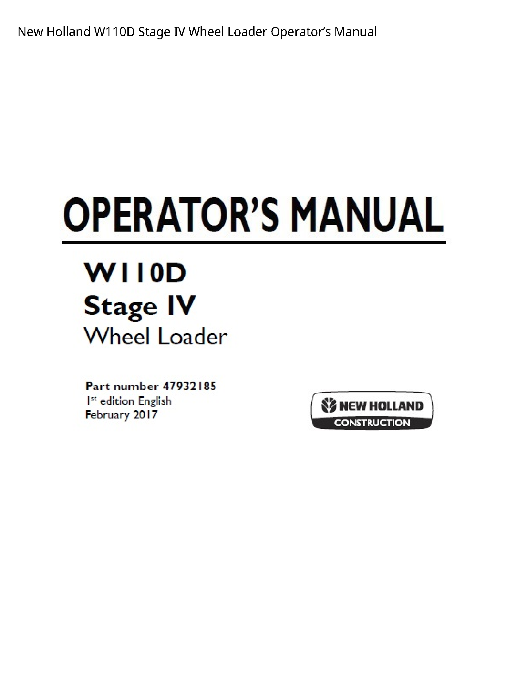 New Holland W110D Stage IV Wheel Loader Operator’s manual