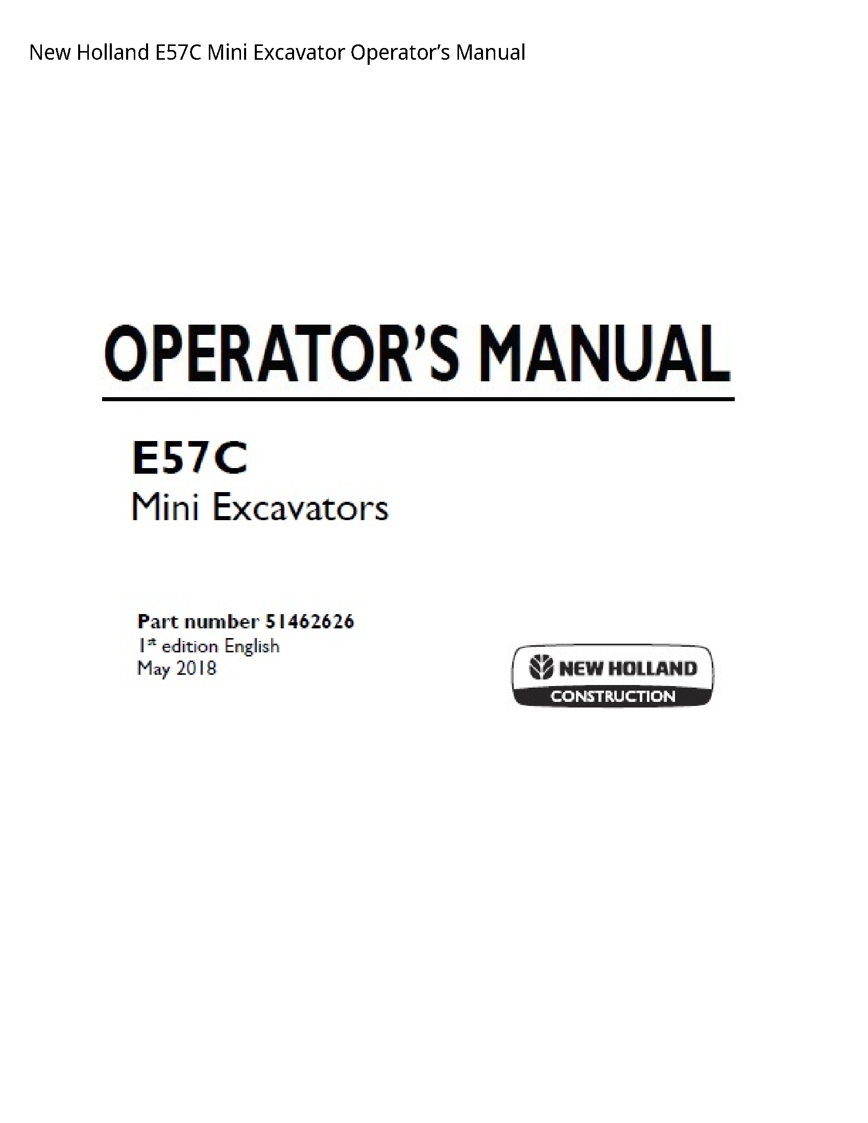 New Holland E57C Mini Excavator Operator’s manual