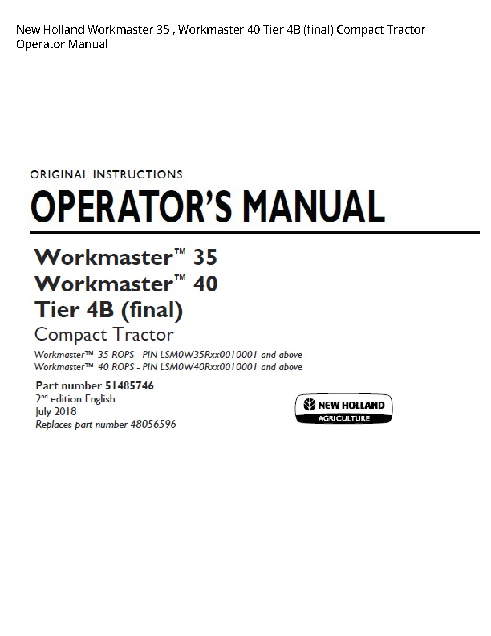 New Holland 35 Workmaster Workmaster Tier (final) Compact Tractor Operator manual