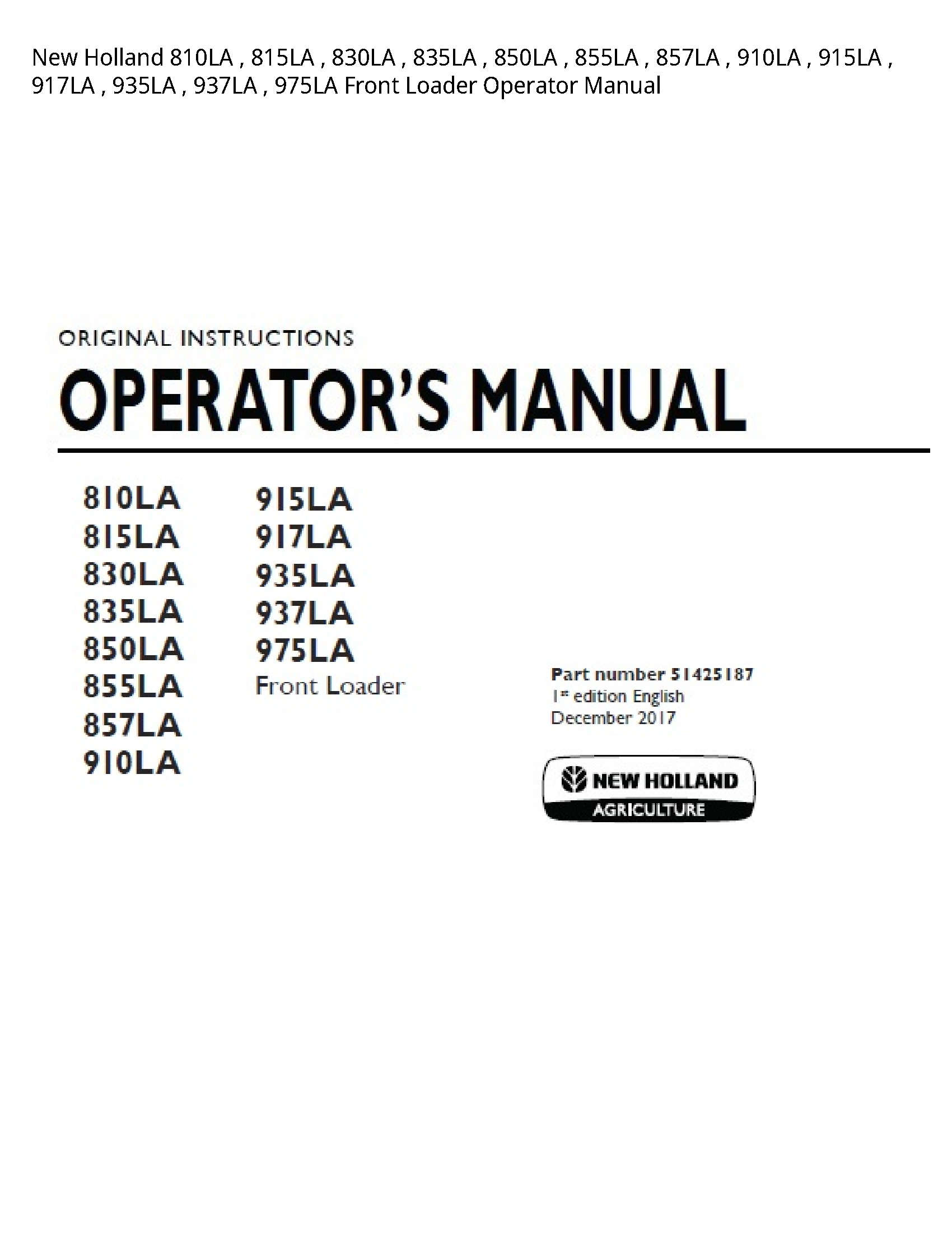 New Holland 810LA Front Loader Operator manual