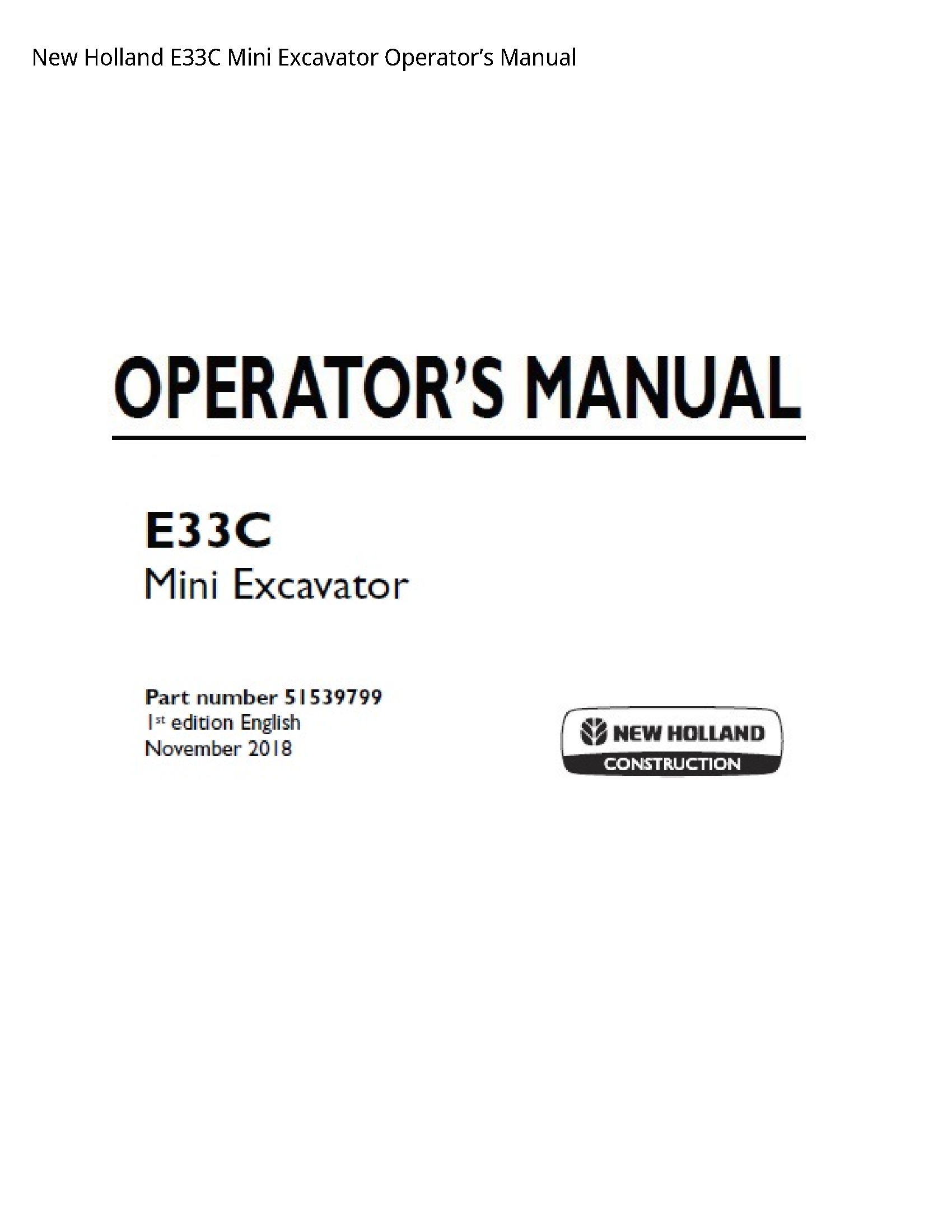 New Holland E33C Mini Excavator Operator’s manual