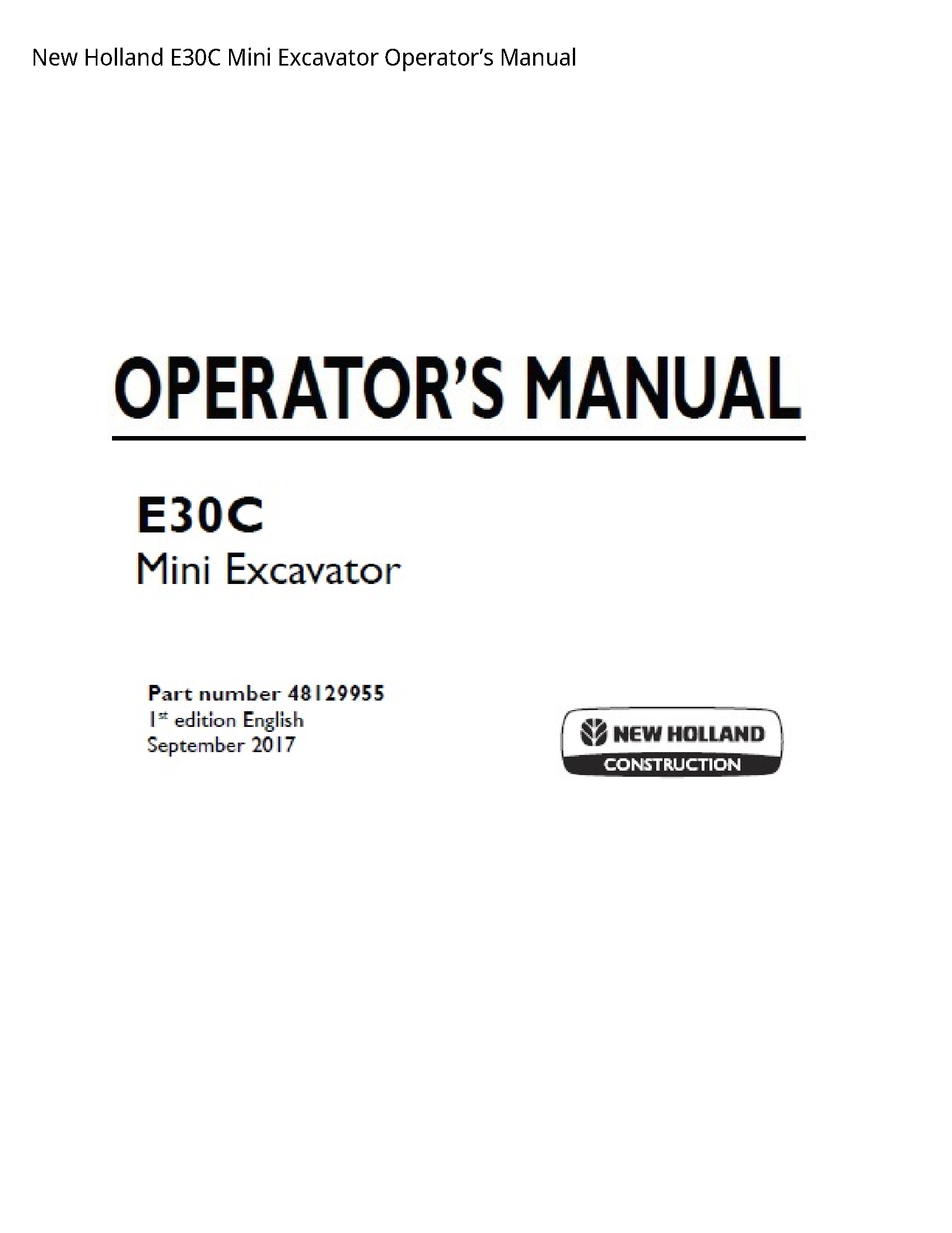 New Holland E30C Mini Excavator Operator’s manual