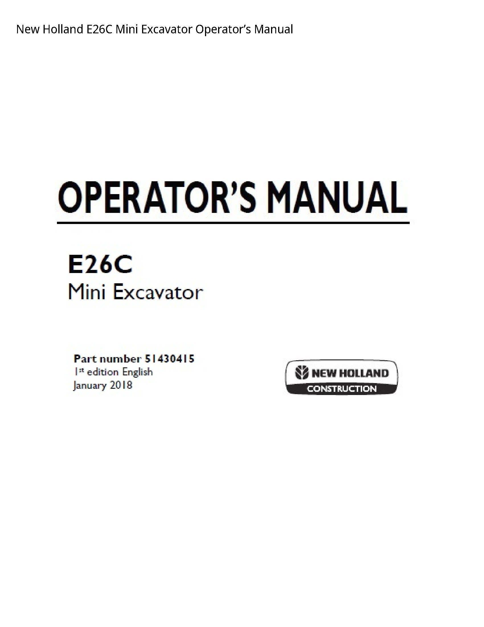 New Holland E26C Mini Excavator Operator’s manual