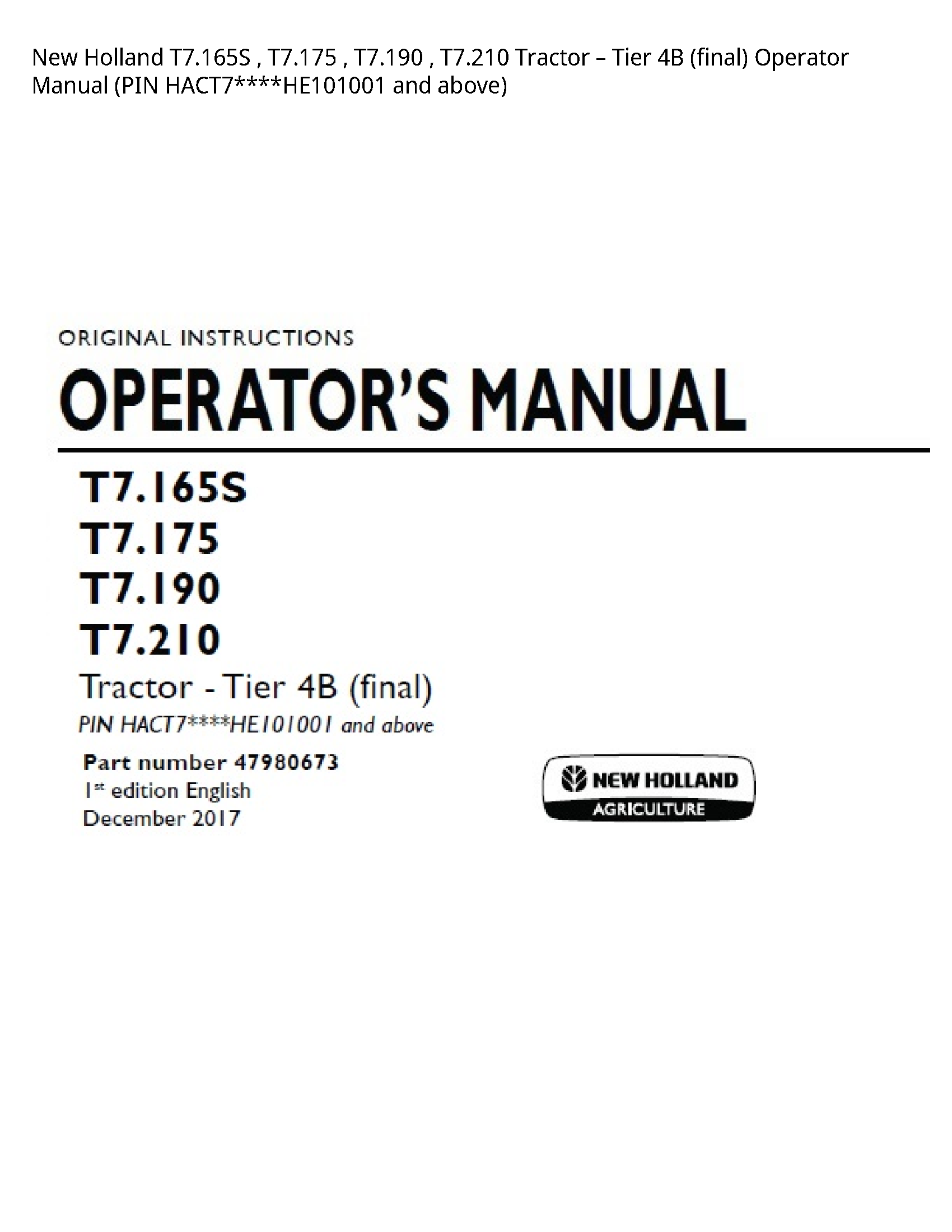 New Holland T7.165S Tractor Tier (final) Operator manual