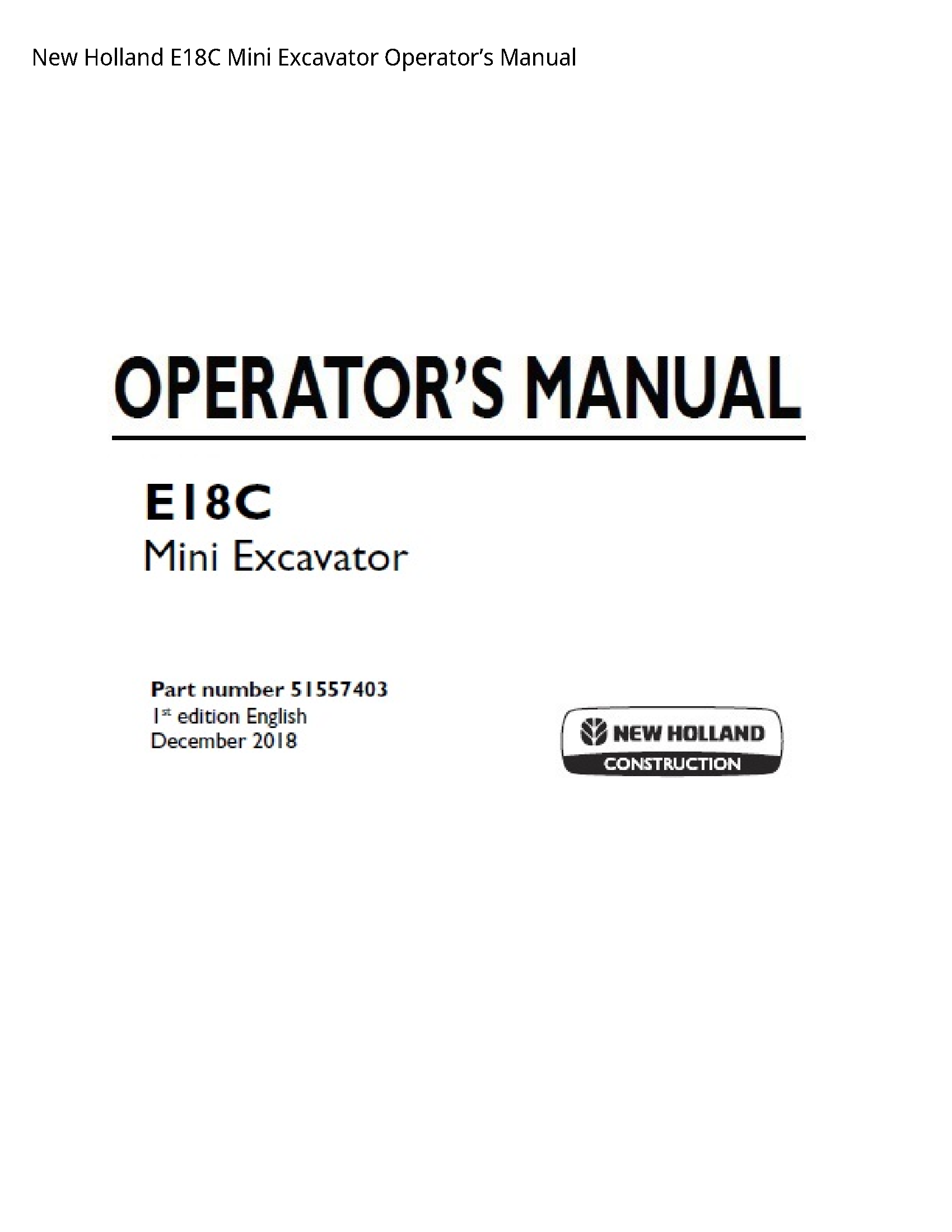 New Holland E18C Mini Excavator Operator’s manual