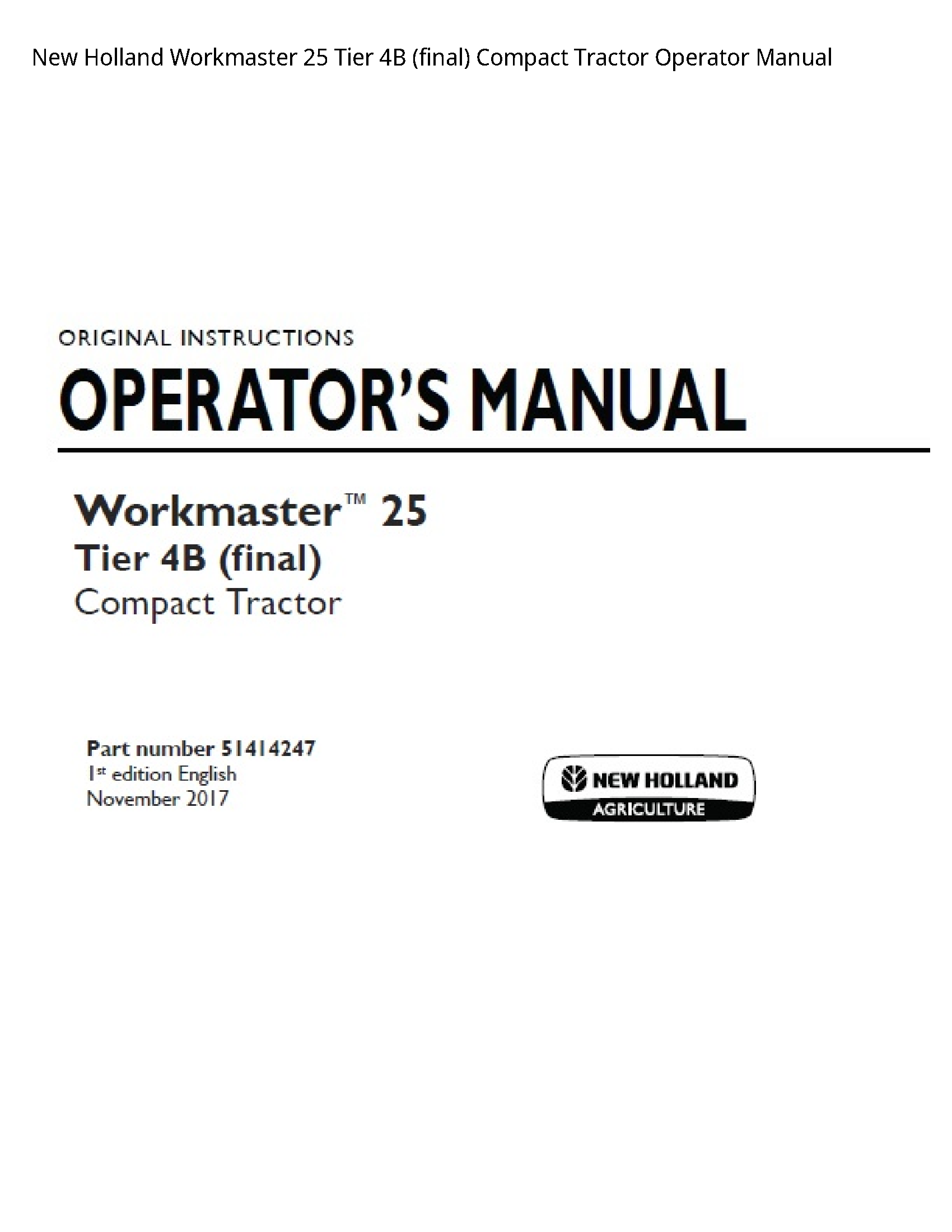 New Holland 25 Workmaster Tier (final) Compact Tractor Operator manual