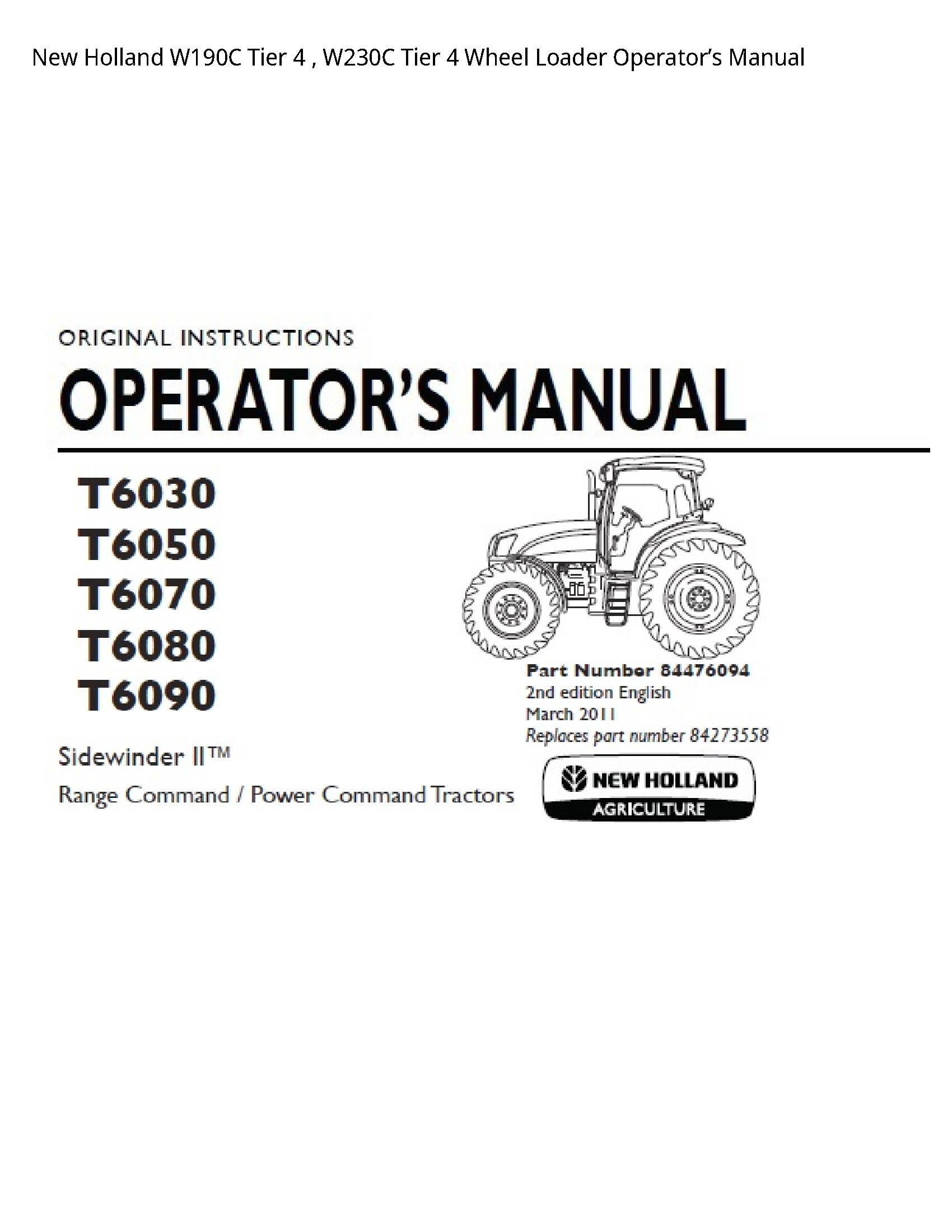 New Holland W190C Tier Tier Wheel Loader Operator’s manual