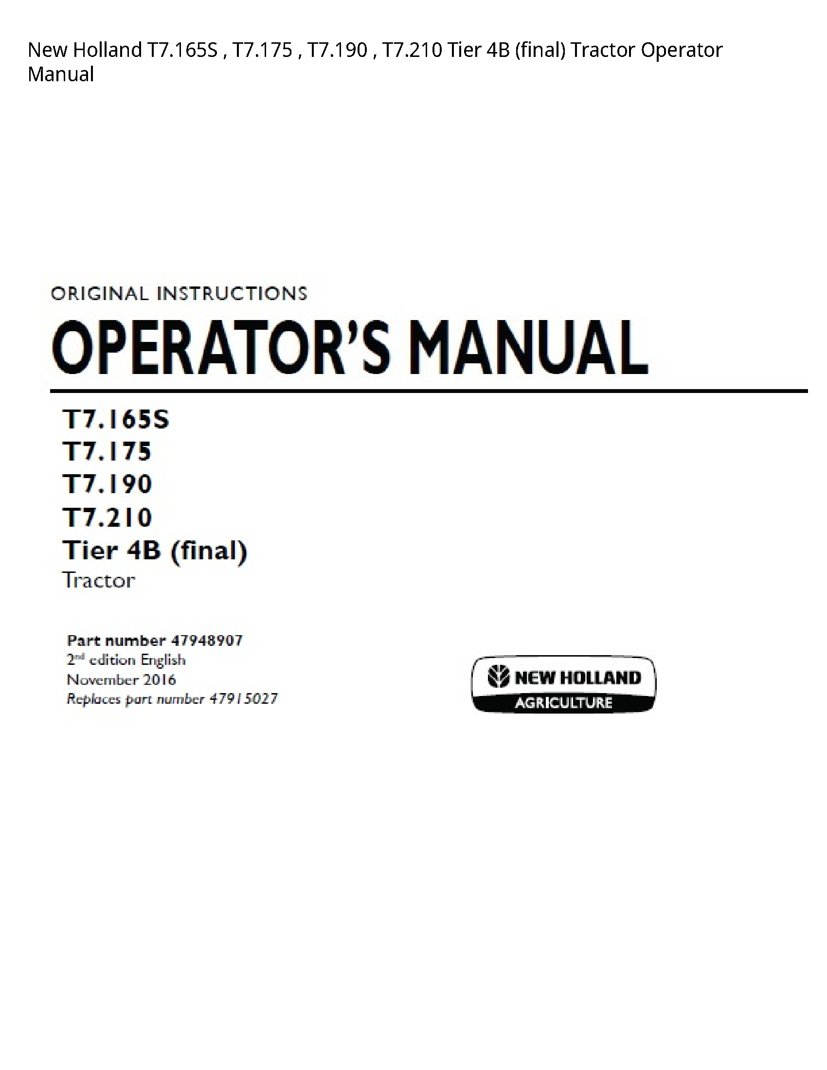 New Holland T7.165S Tier (final) Tractor Operator manual