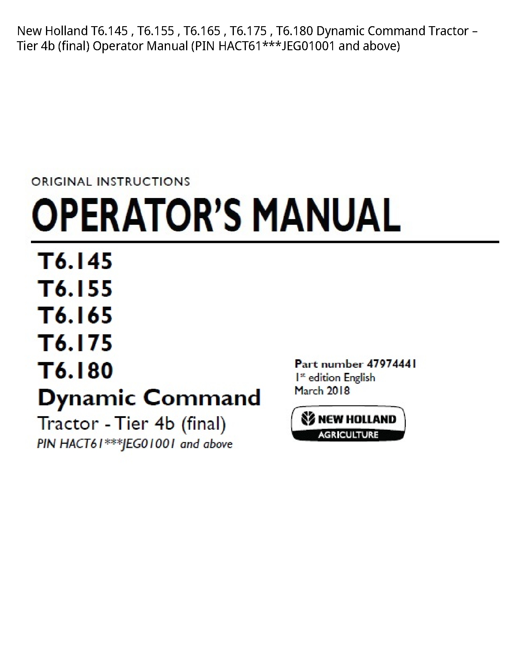 New Holland T6.145 Dynamic Command Tractor Tier (final) Operator manual