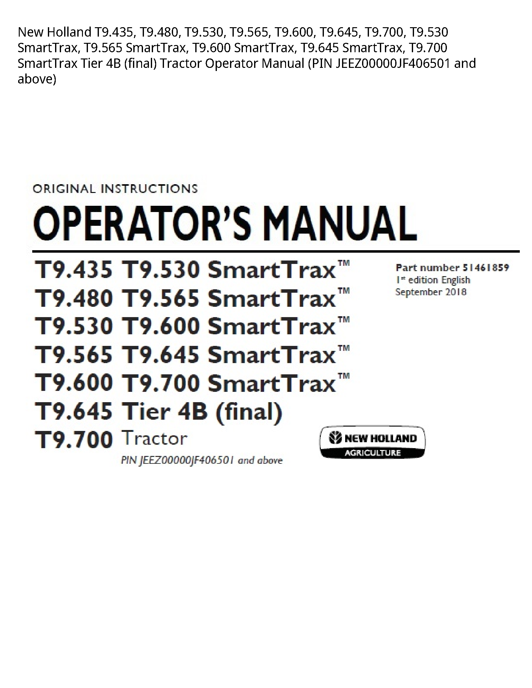New Holland T9.435 SmartTrax manual