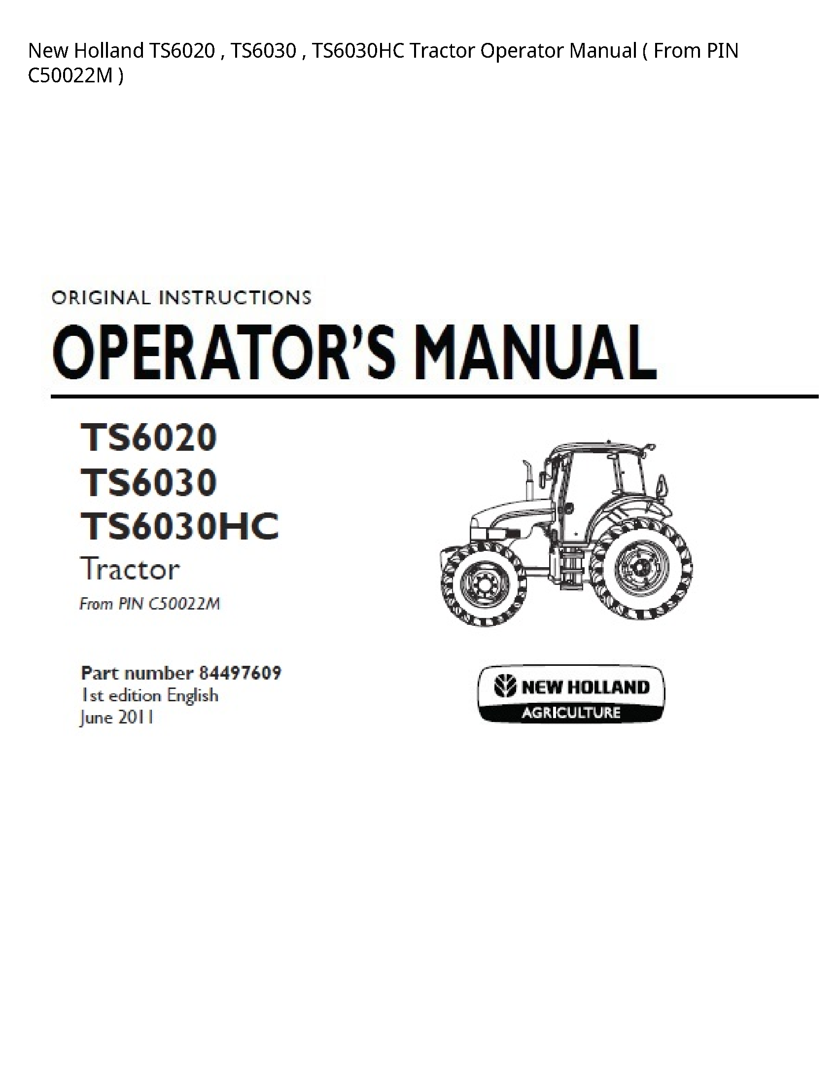 New Holland TS6020 Tractor Operator manual