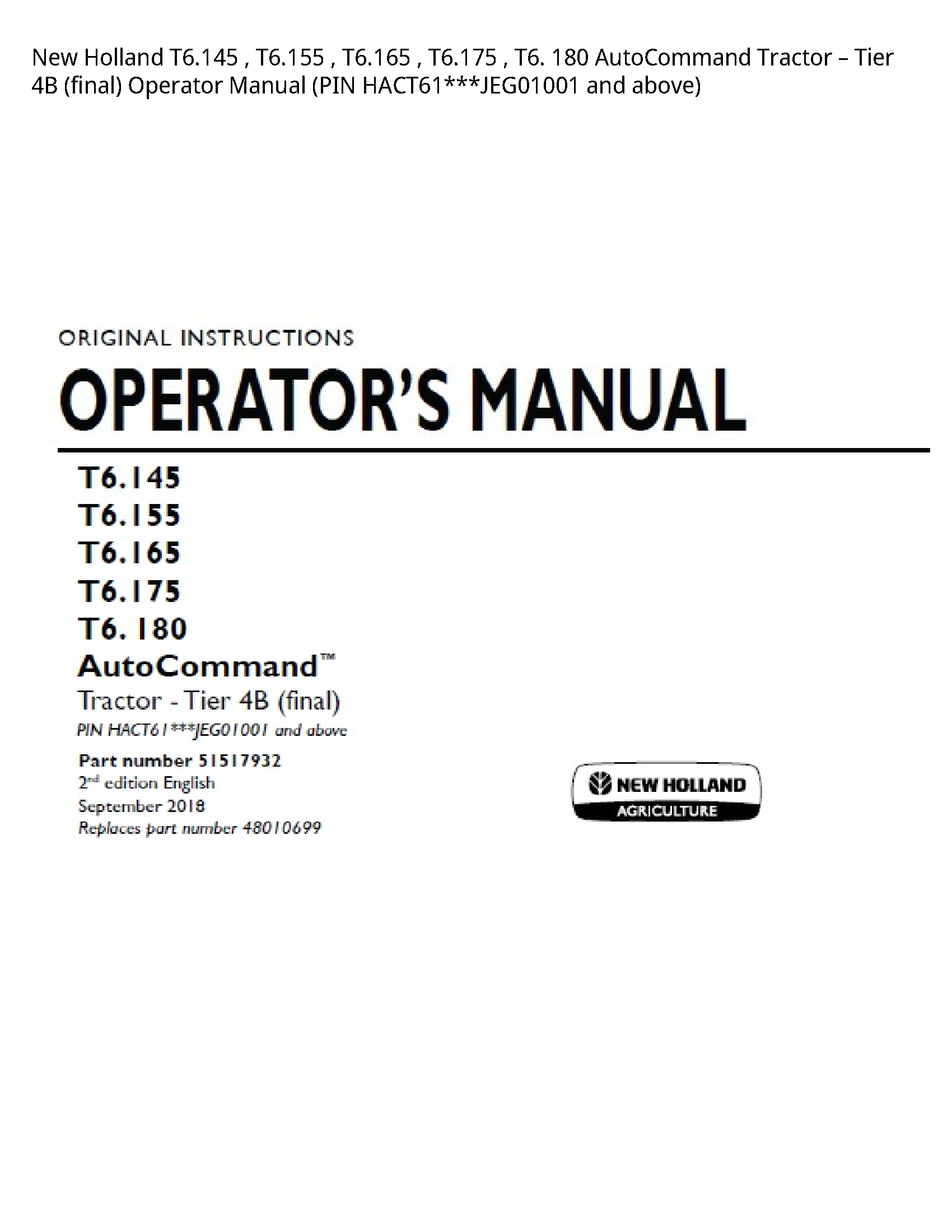 New Holland T6.145 AutoCommand Tractor Tier (final) Operator manual