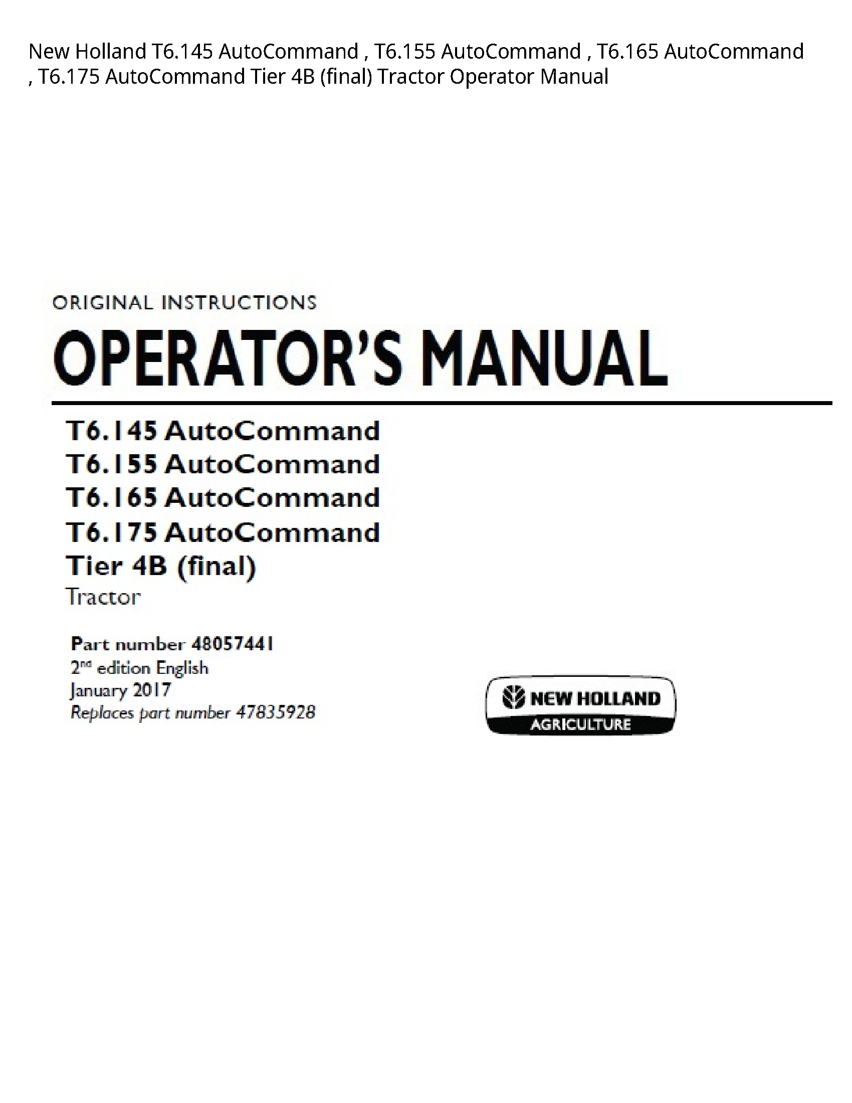New Holland T6.145 AutoCommand AutoCommand AutoCommand AutoCommand Tier (final) Tractor Operator manual
