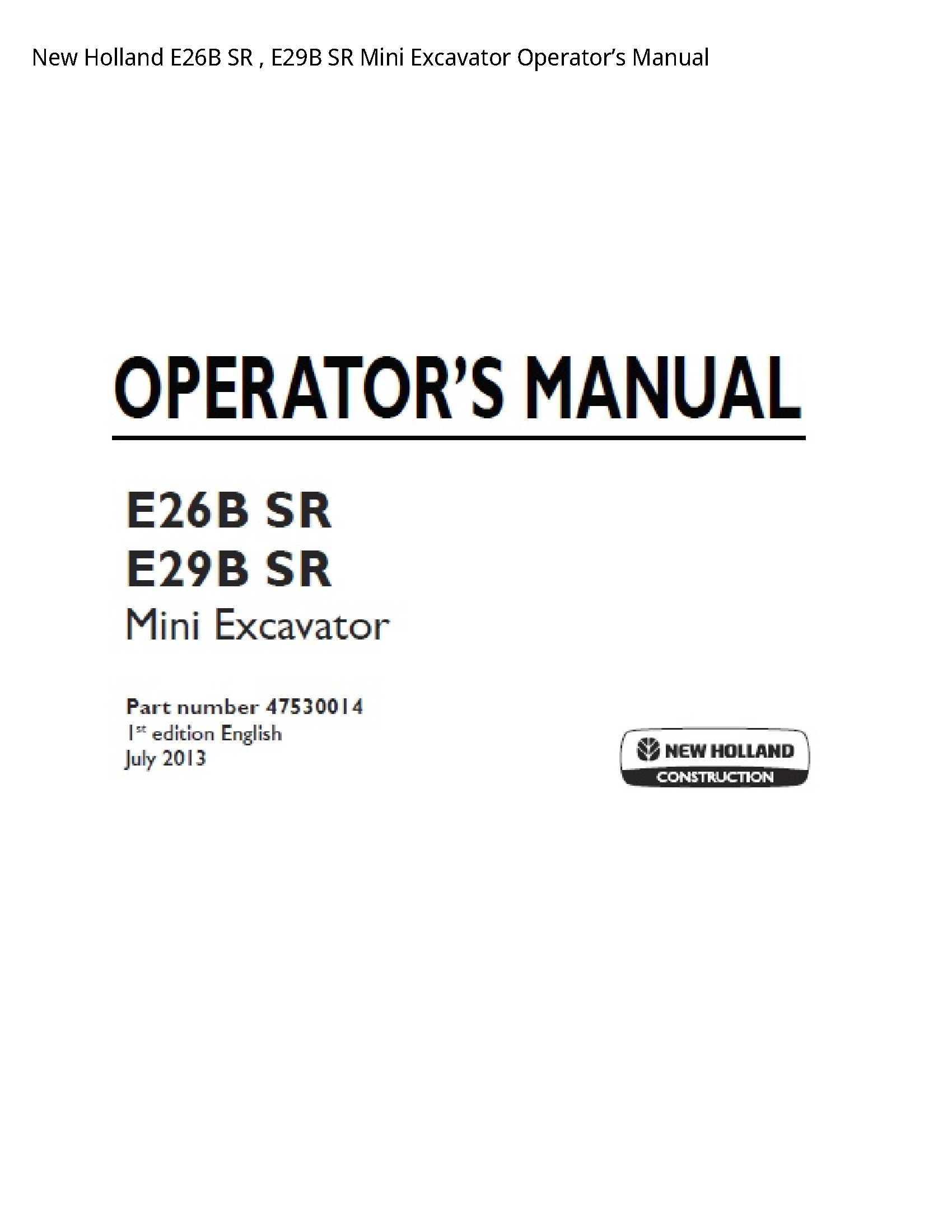 New Holland E26B SR SR Mini Excavator Operator’s manual