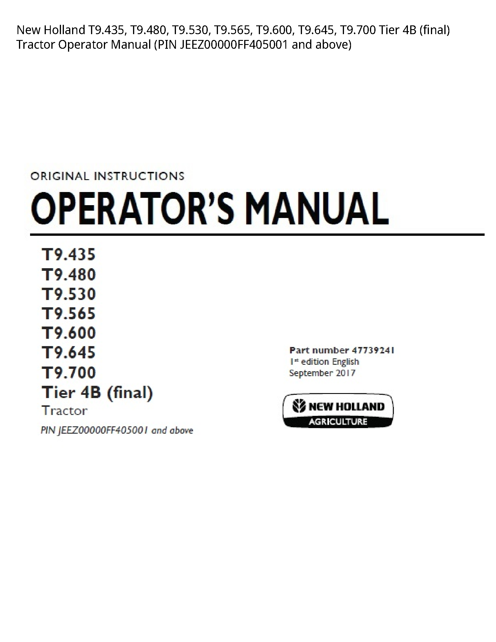 New Holland T9.435 Tier (final) Tractor Operator manual