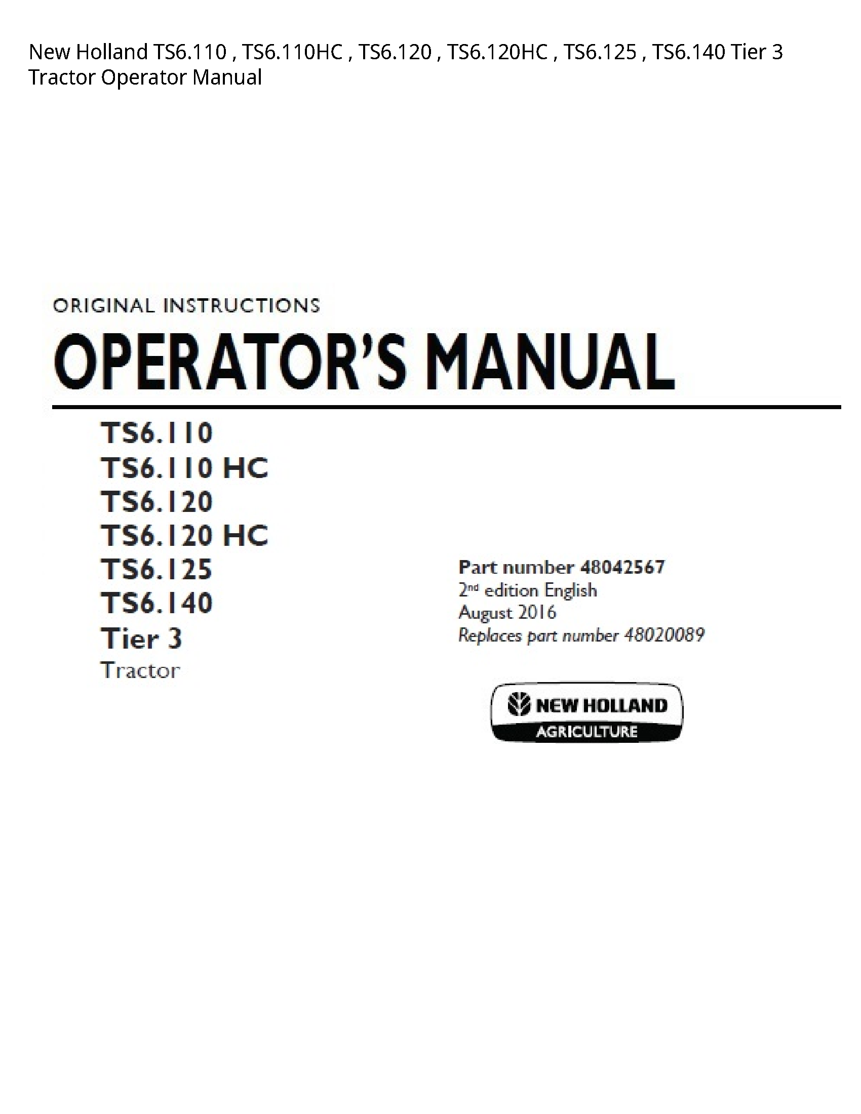 New Holland TS6.110 Tier Tractor Operator manual