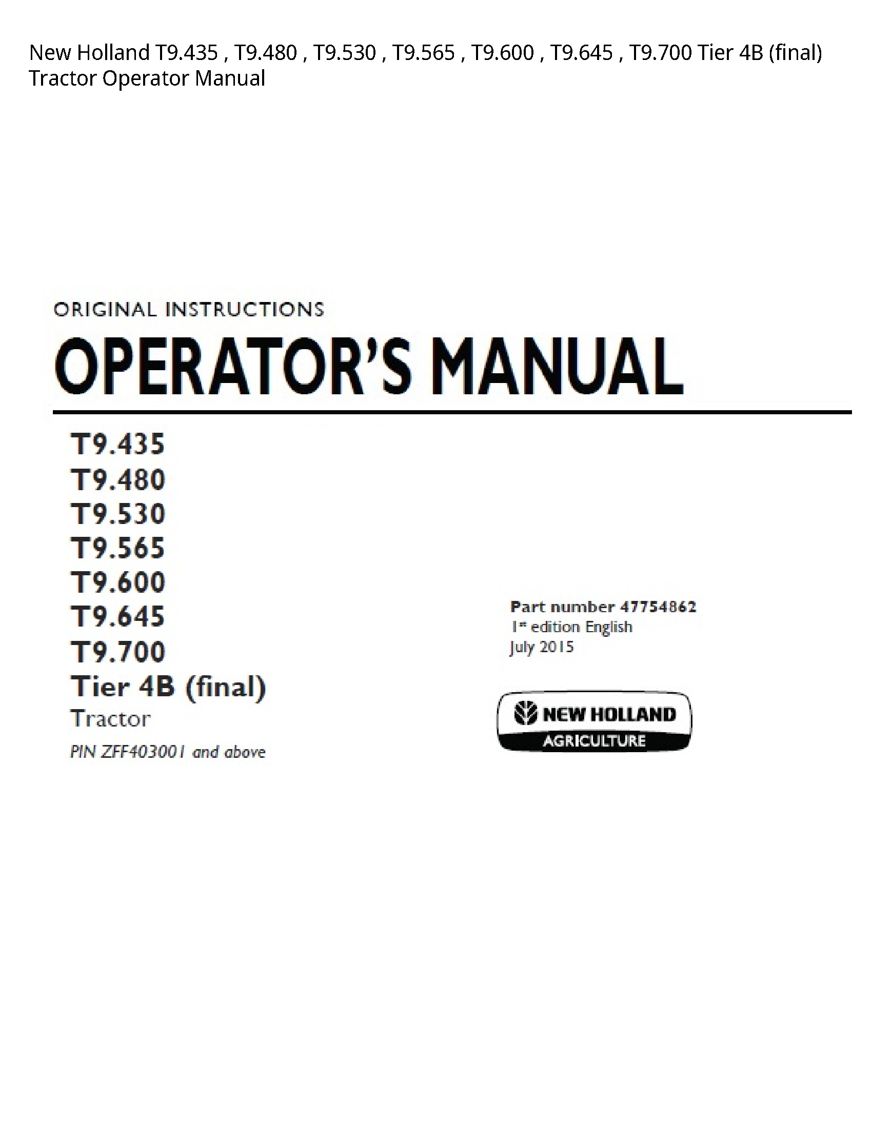 New Holland T9.435 Tier (final) Tractor Operator manual